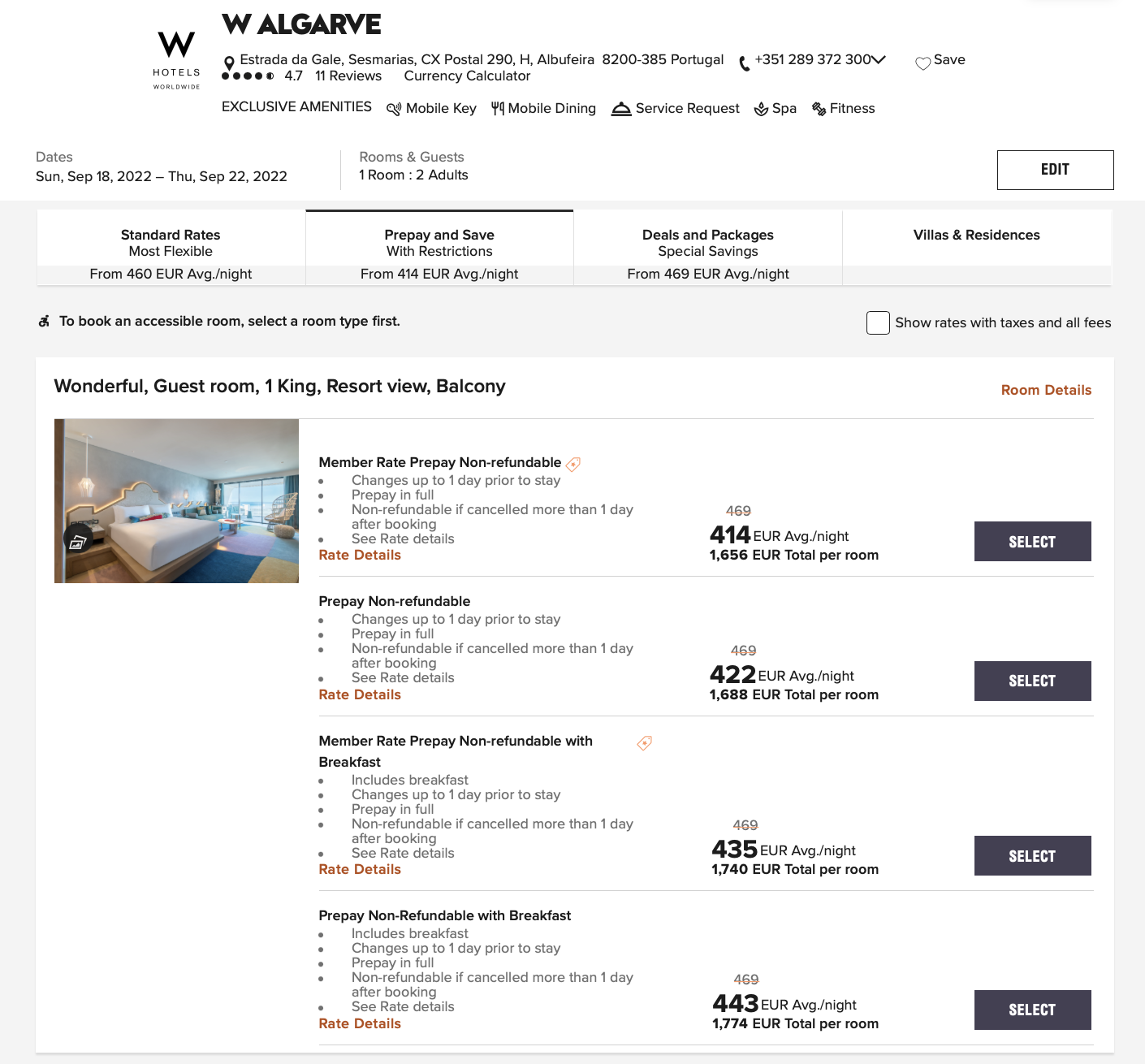 W Algarve booking Prepay and Save