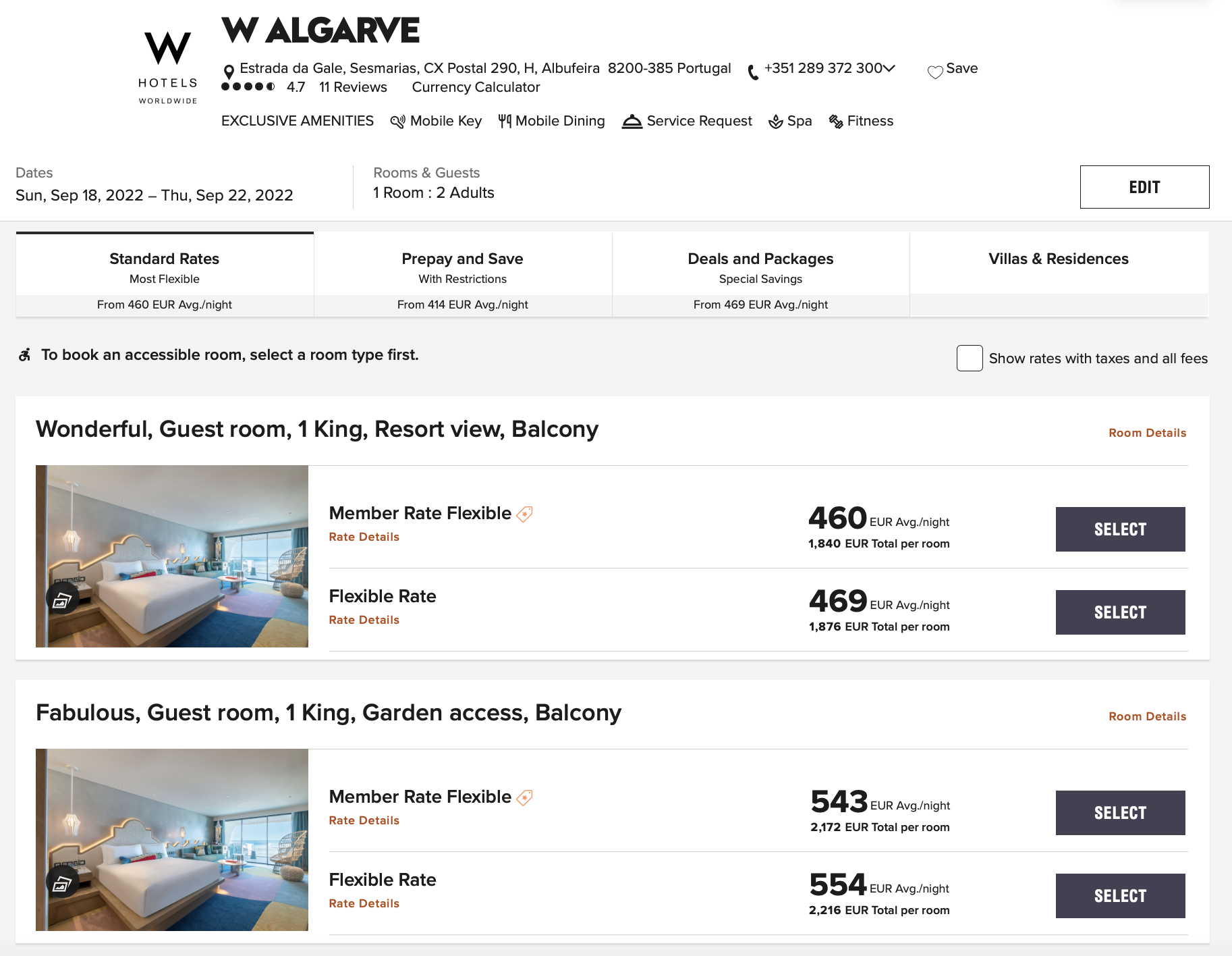 W Algarve booking standard rates