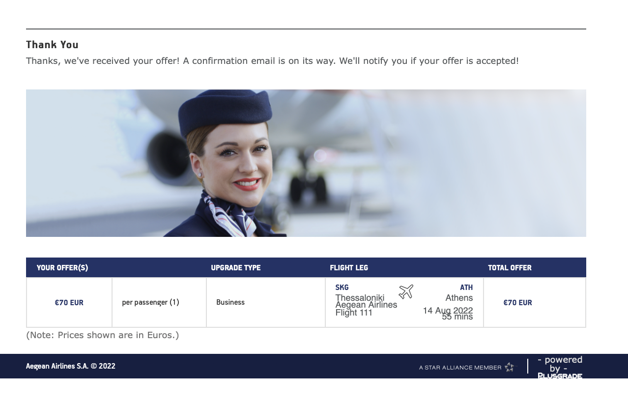 Aegean upgrade bid confirmation