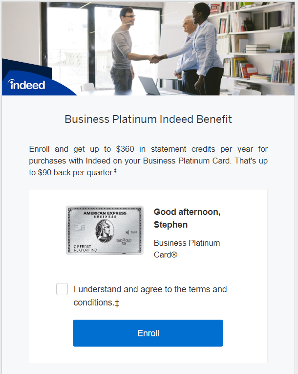 Amex Business Platinum Indeed benefit enroll
