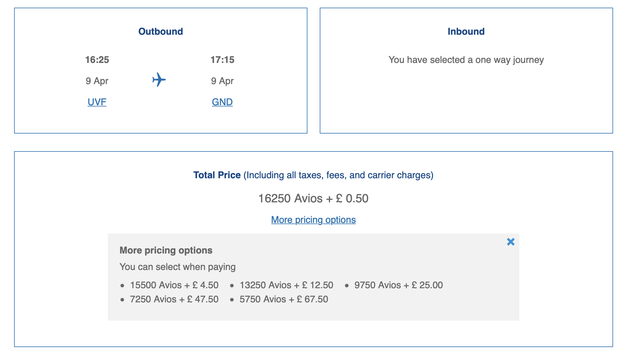 Amount of Avios for a BA flight from St. Lucia UVF to Grenada GND
