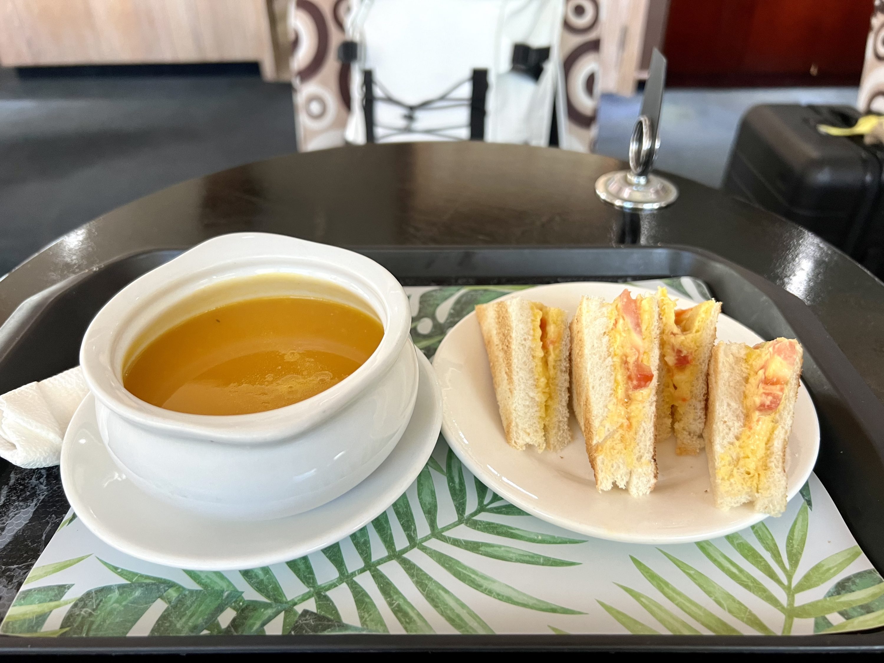 British Airways Boeing 777 200 Club World UVF Iyanola Executive Lounge soup and sandwich