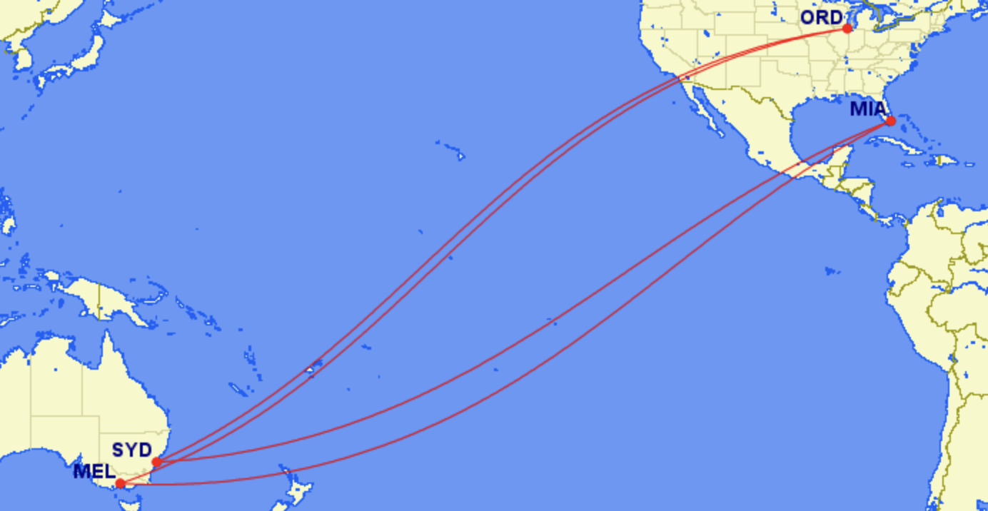 Map of Qantas' planned Project Sunrise routes to Chicago and Miami