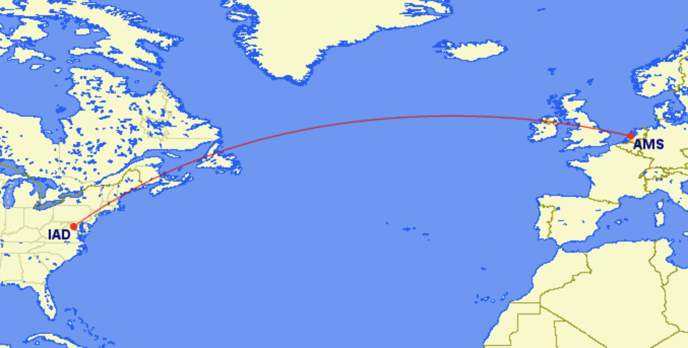 Map of United's route from Washington, D.C. to Amsterdam