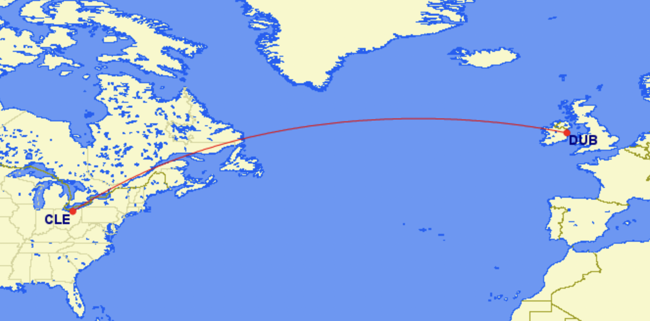 Map of nonstop Aer Lingus service between Dublin and Cleveland