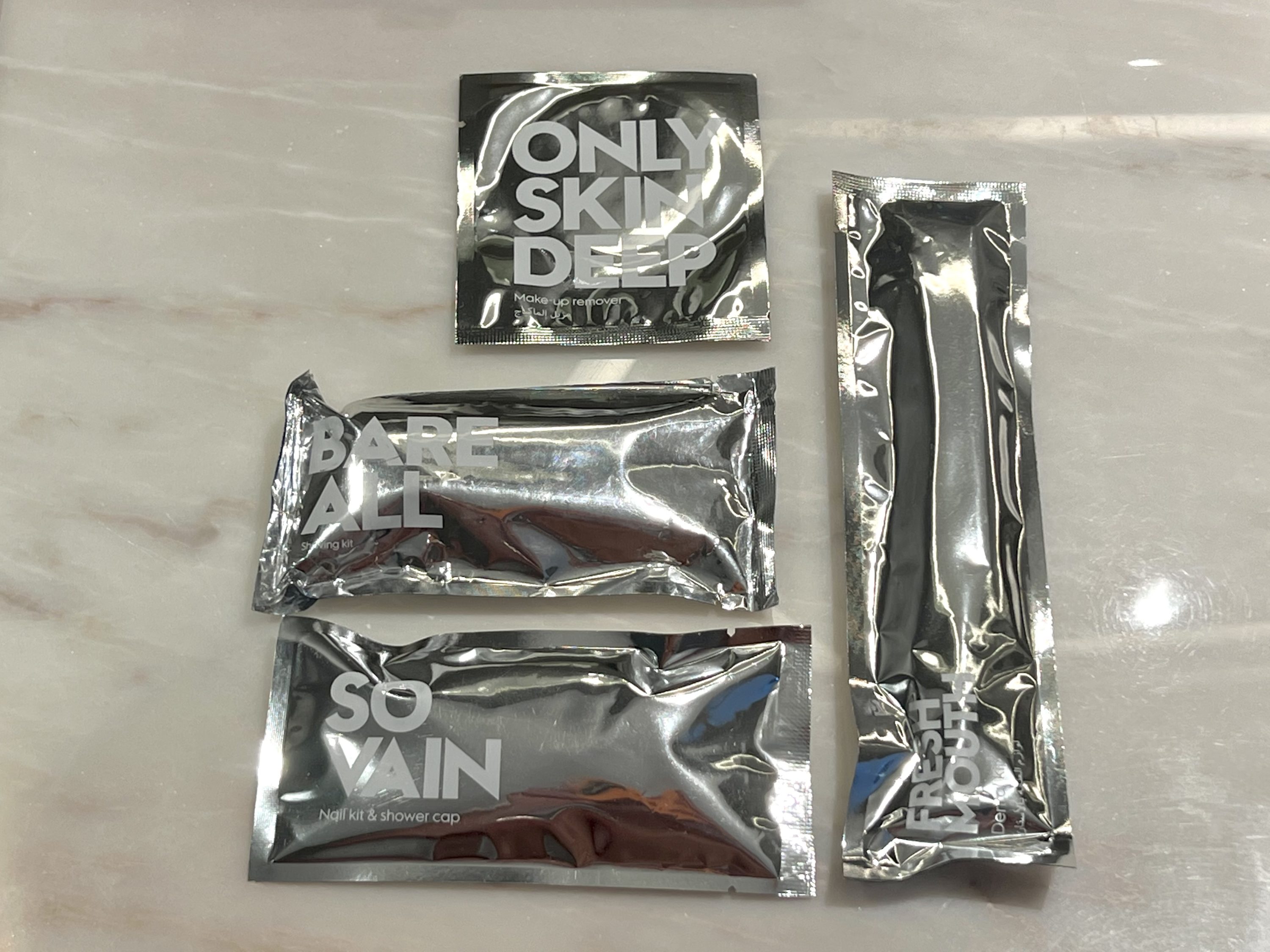 W Algarve Marvellous Residence guest room bathroom foil wrapped amenities