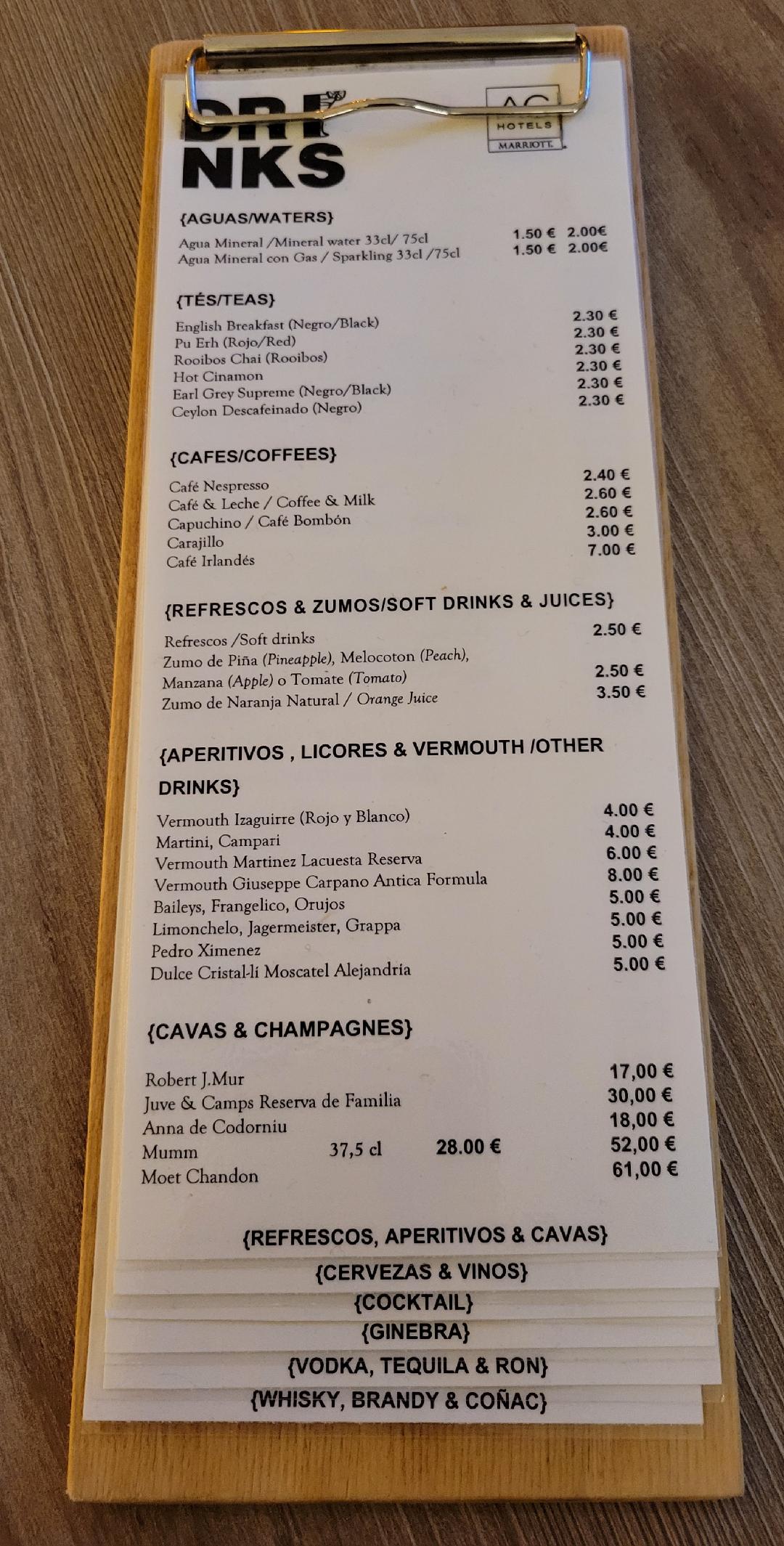 AC Hotel Alicante Drink Menu
