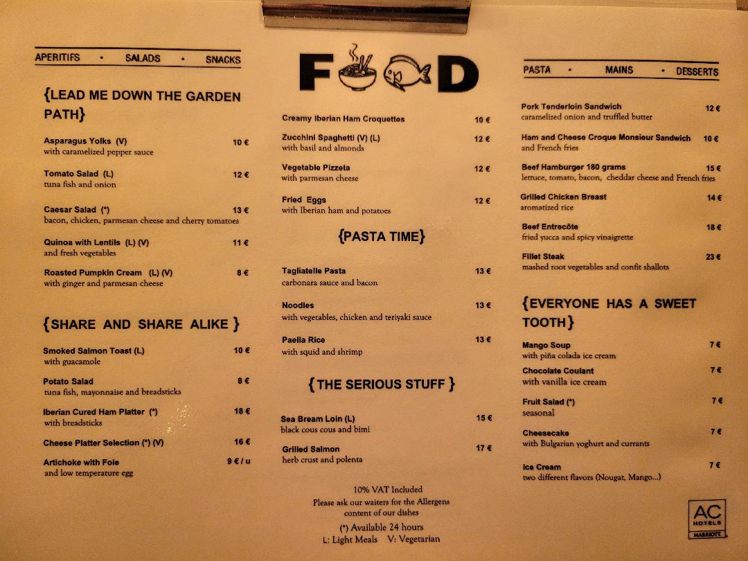 AC Hotel Alicante Menu