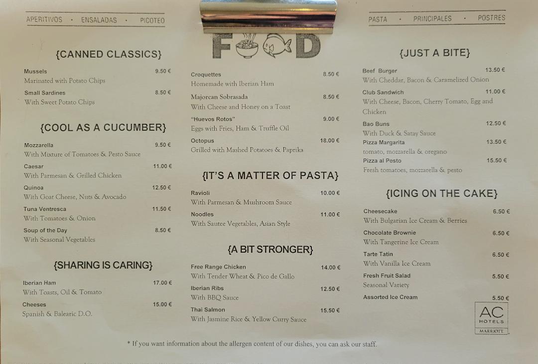 AC Hotel Palma Mallorca Menu