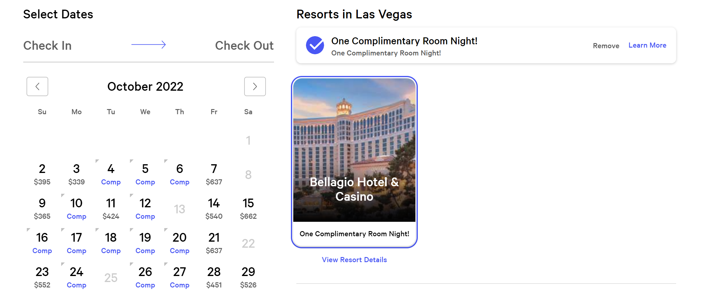 MyVegas MGM Comp Bellagio Free Night redemption