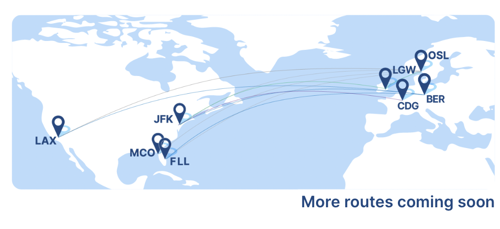 Route map of Norse Atlantic Airways