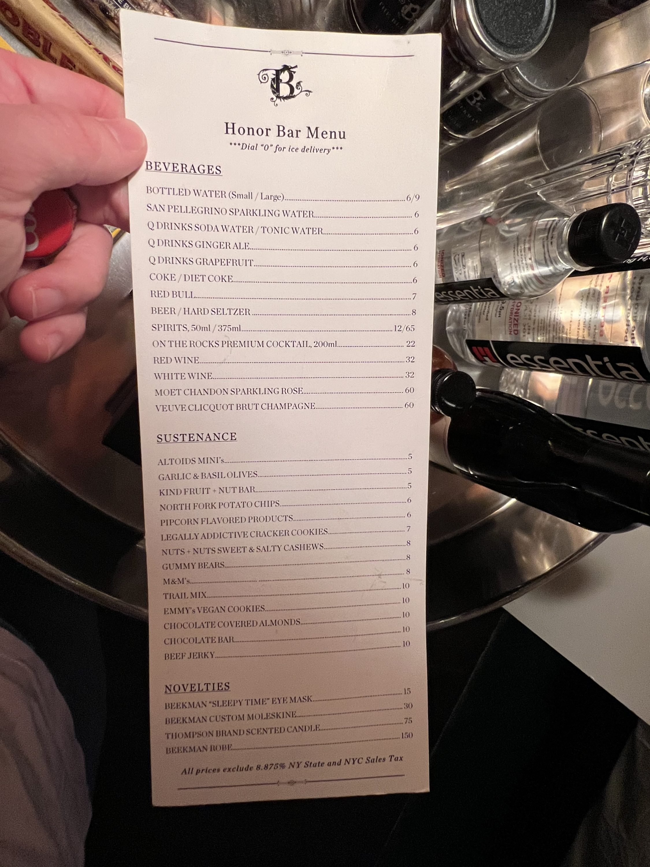 The Beekman bedroom minibar price list