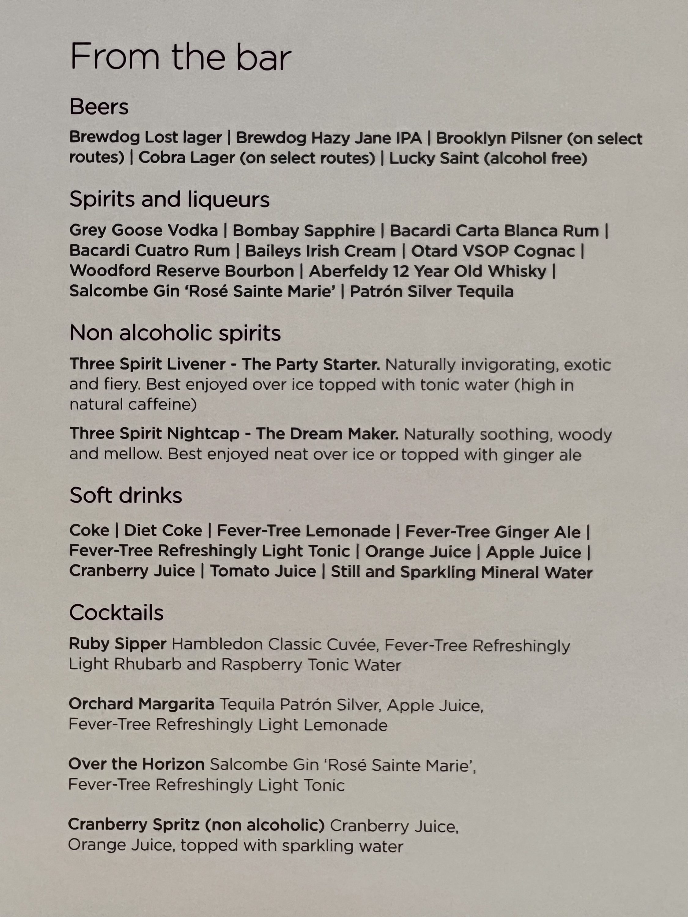 Virgin Atlantic A350 Upper Suite bar menu