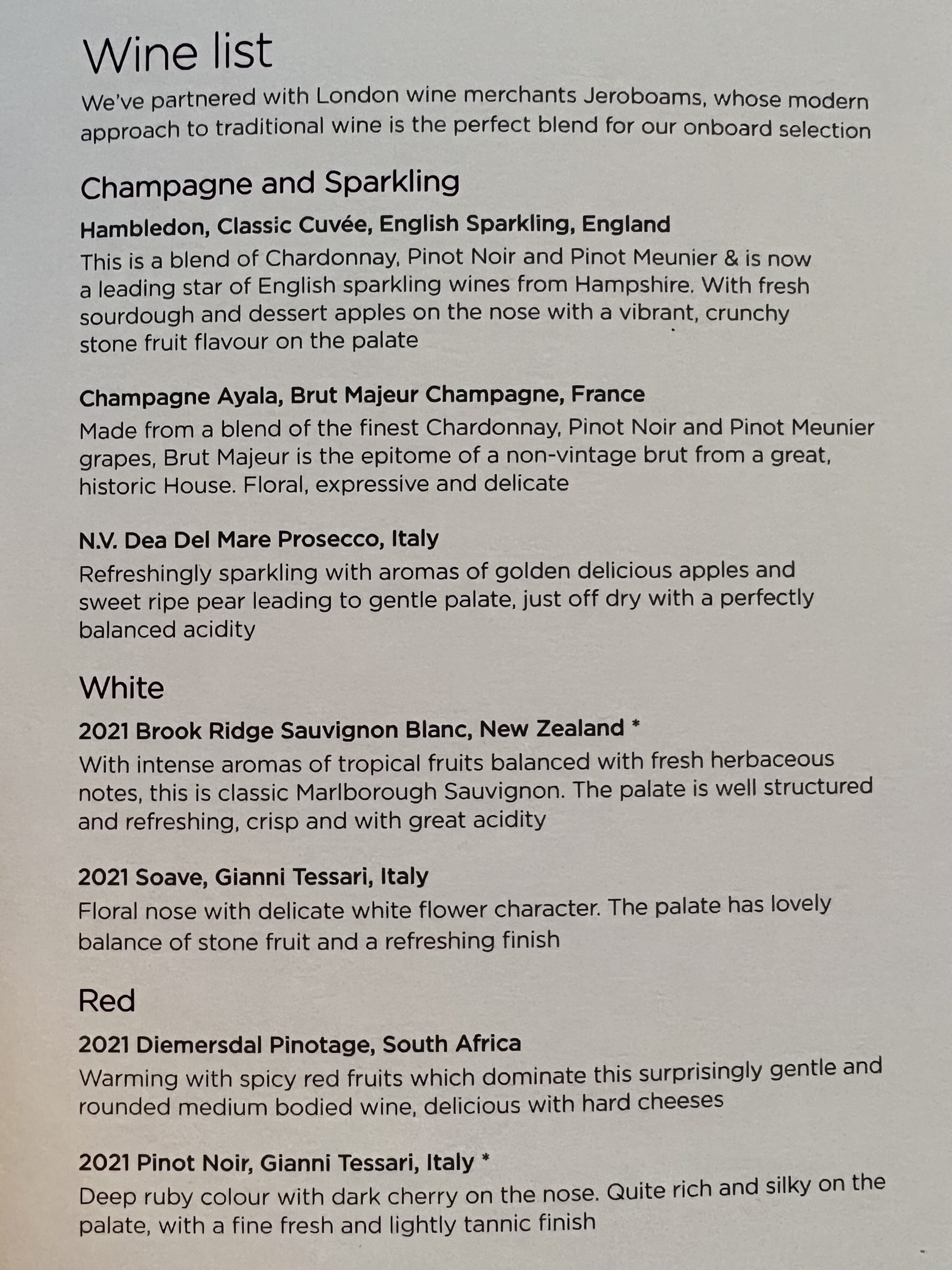 Virgin Atlantic A350 Upper Suite wine menu