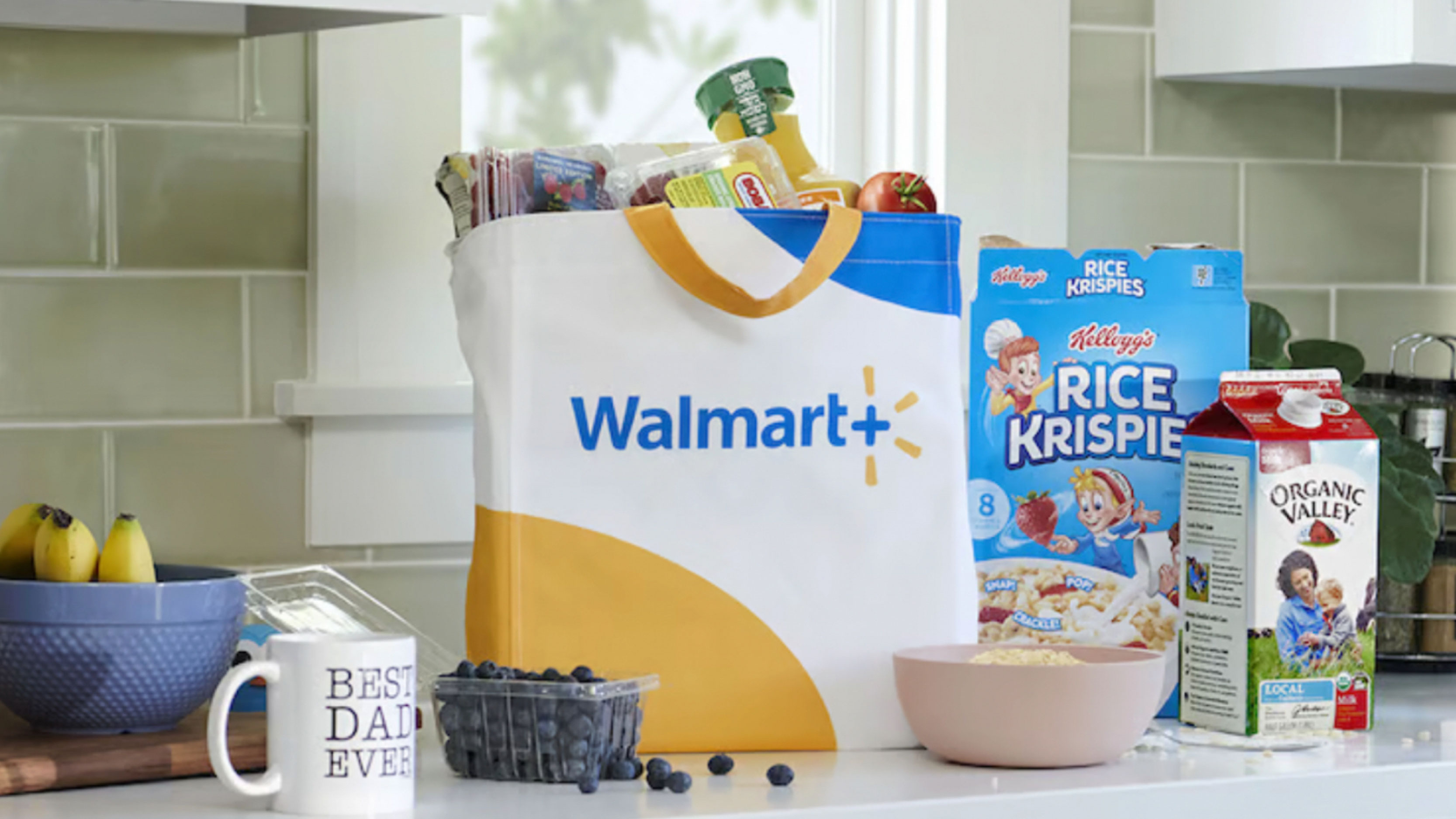 Woman receives Walmart delivery Walmart Bag of Groceries On Counter