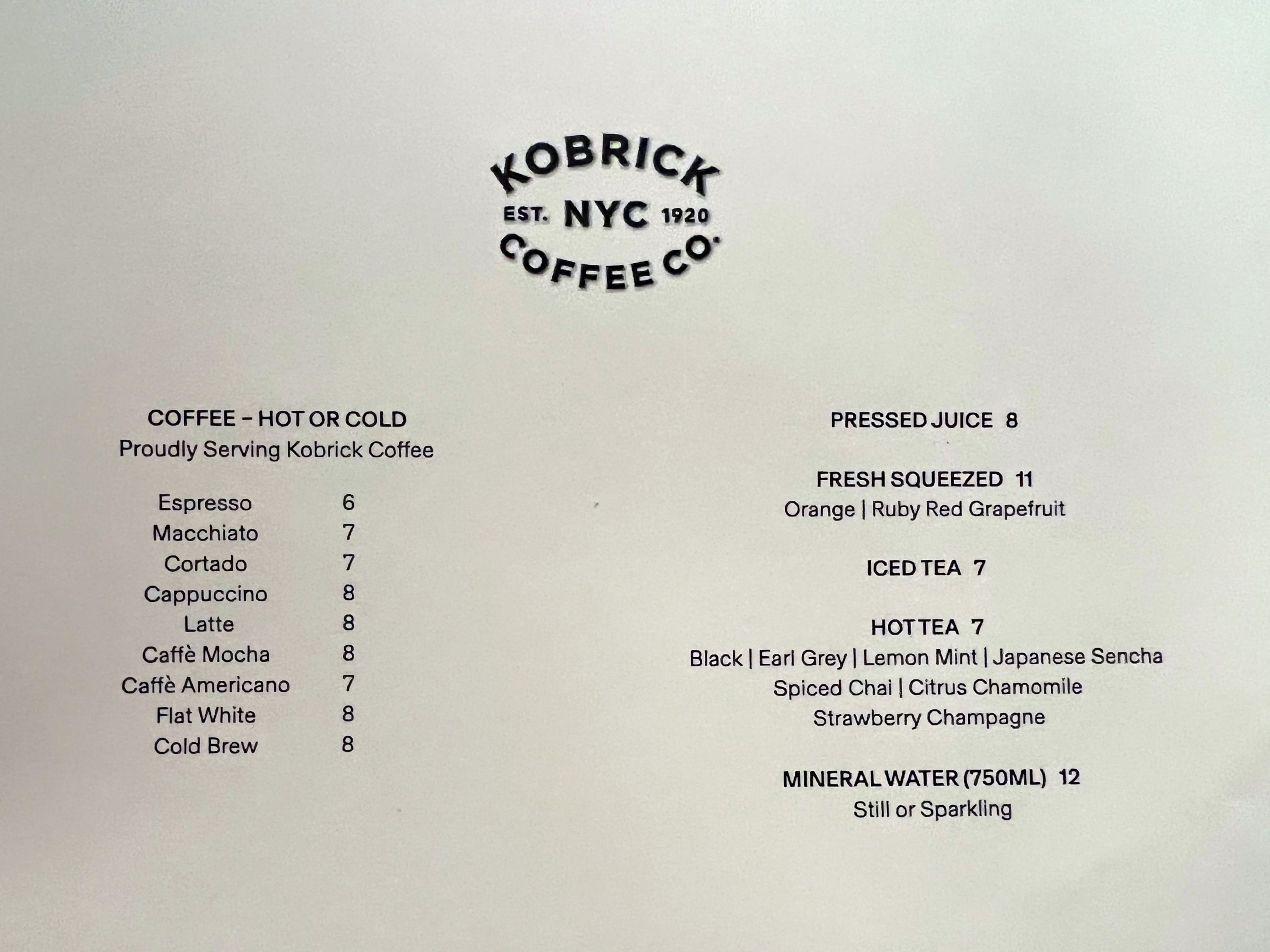 Beverage menu at Parkers Restaurant at the Thompson Central Park