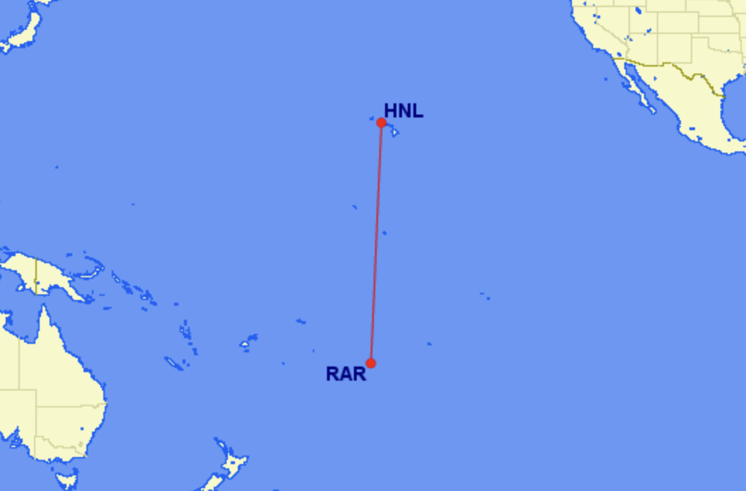 Map of Hawaiian Airlines route between Honolulu and Raratonga