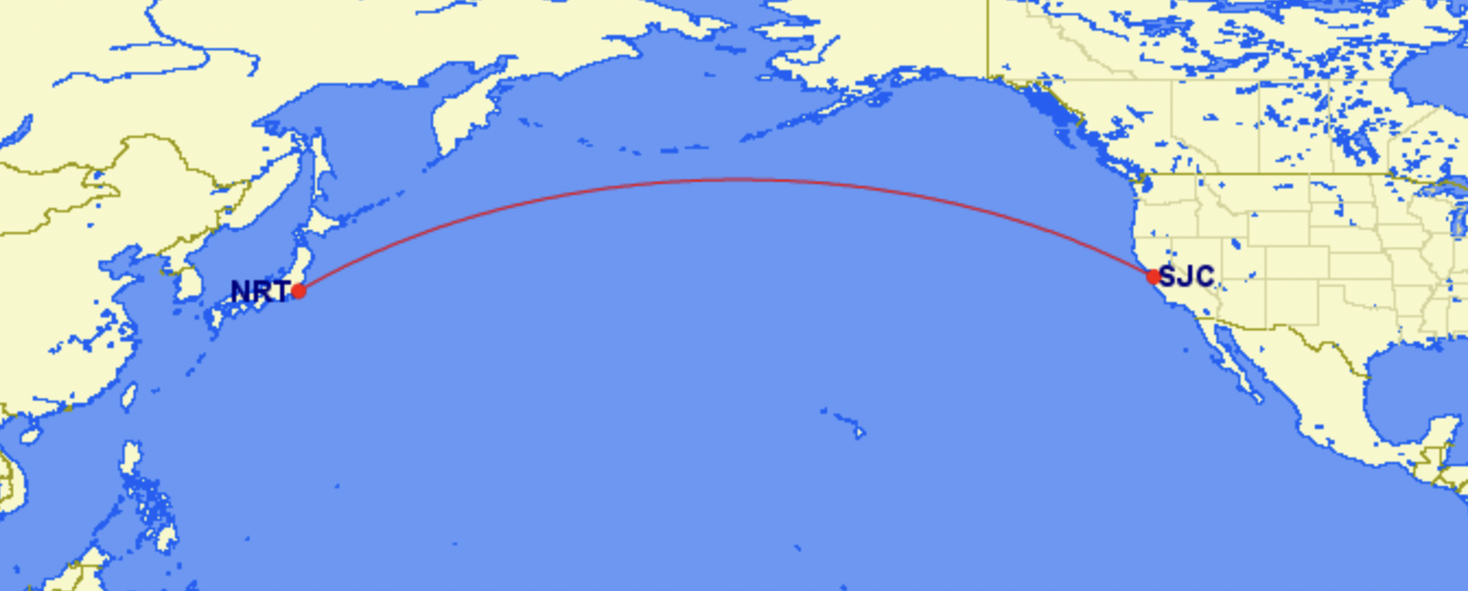 Map of ZIPAIR service between San Jose and Tokyo