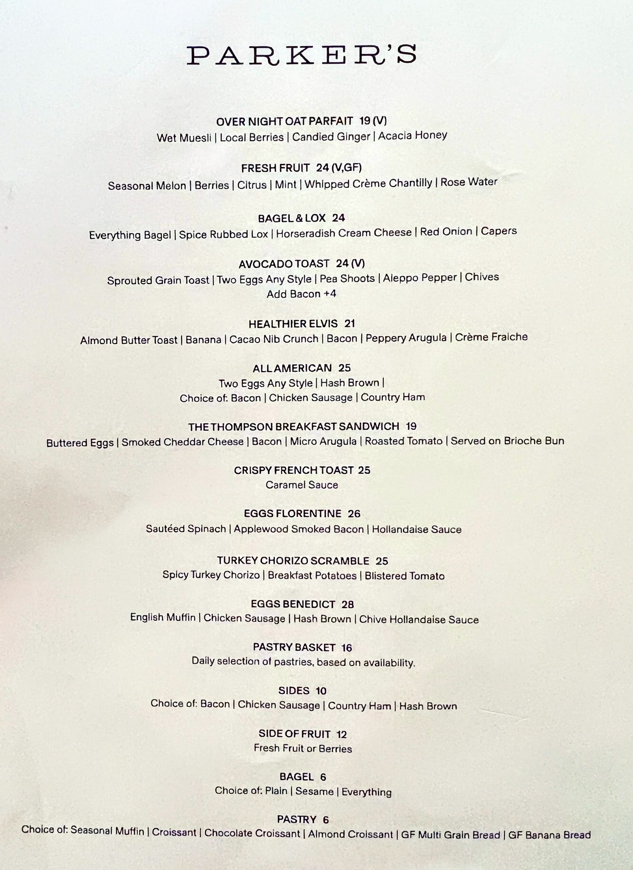 Menu at Parkers Restaurant at Thompon Central Park New York