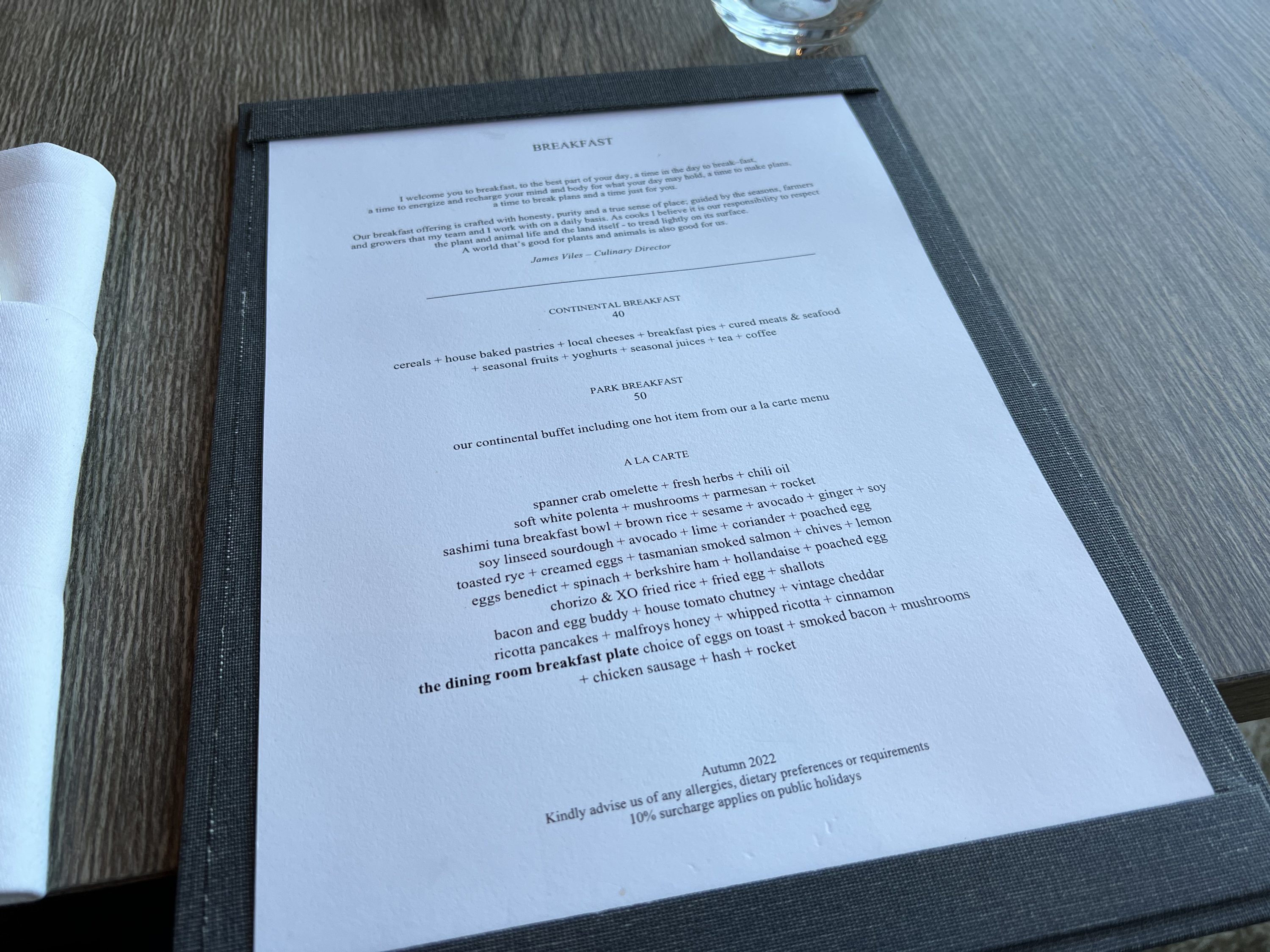 Park Hyatt Dining Room Breakfast Menu