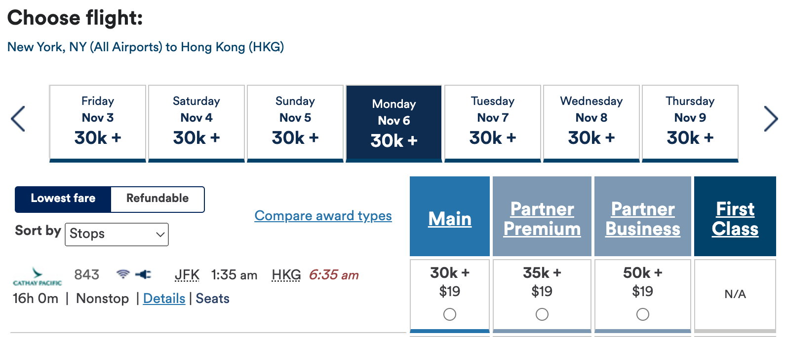 Alaska Mileage Plan Cathay JFK-HKG