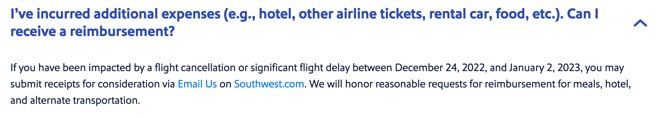 Southwest is offering reimbursement for reasonable expenses
