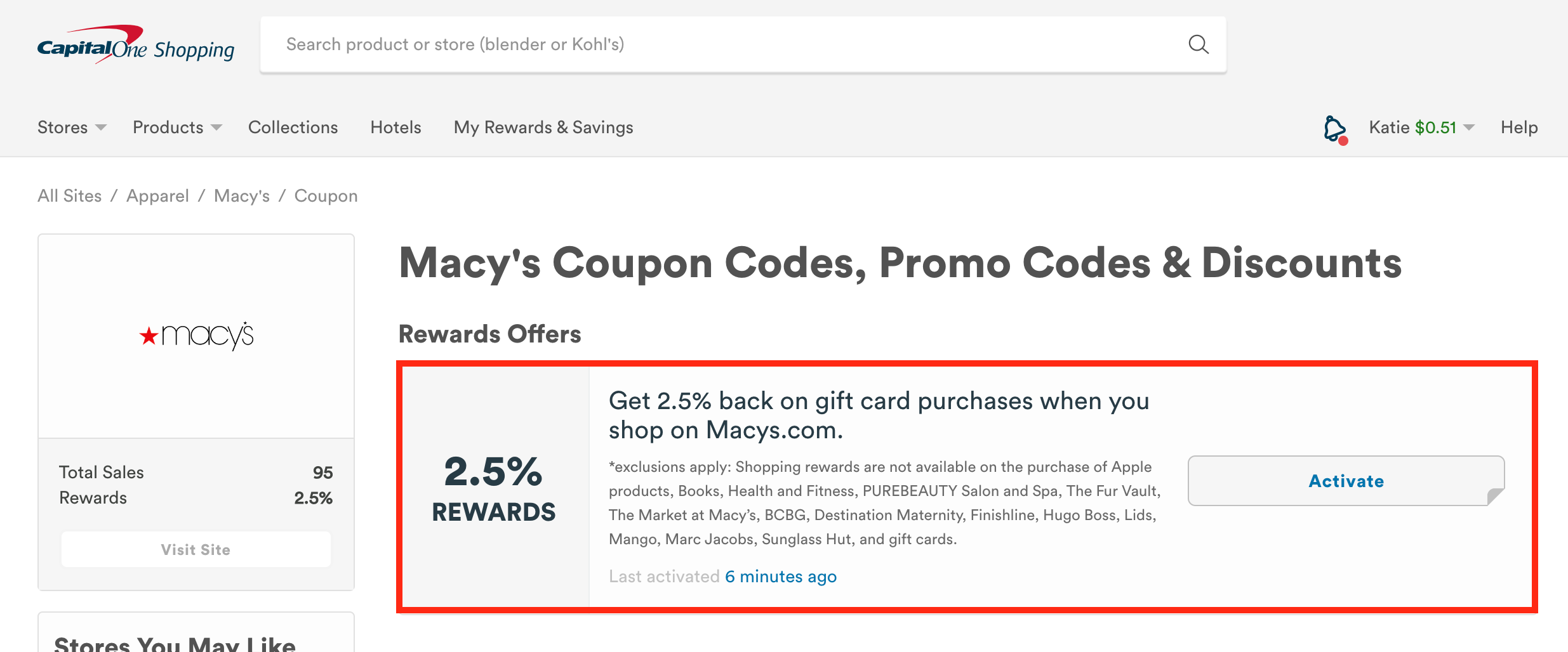 Capital One Shopping offer for Macys via the website