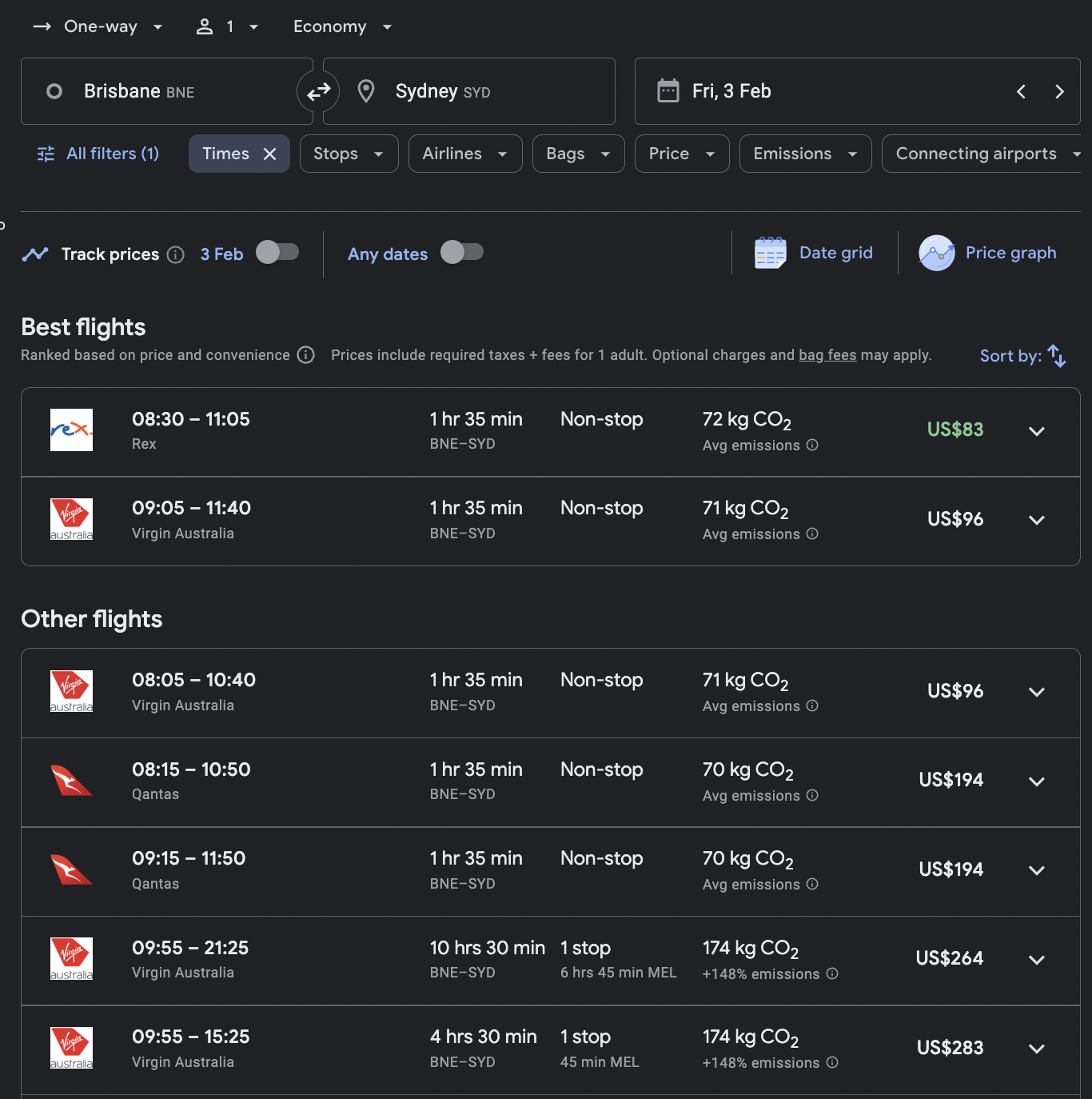Flight prices from Brisbane to Sydney