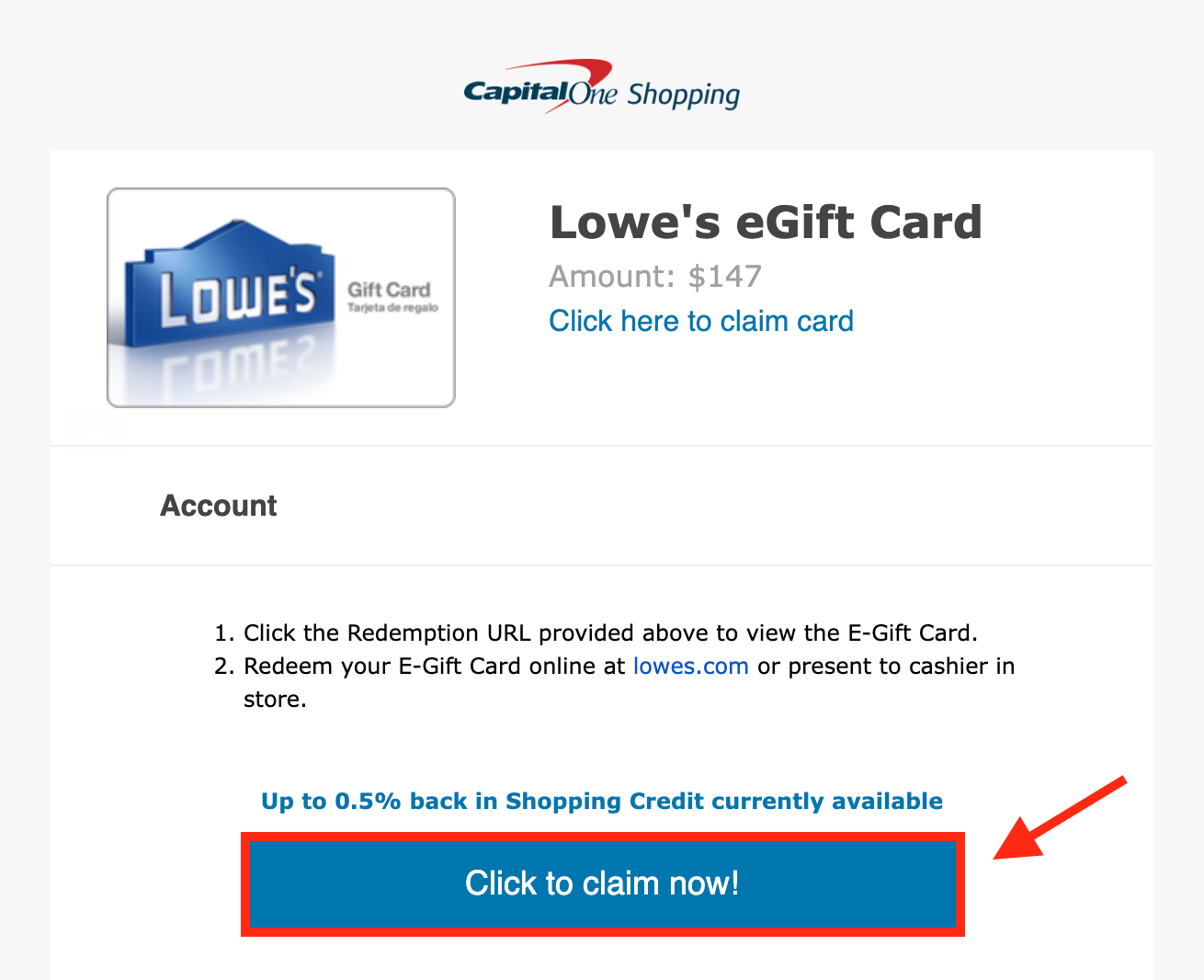Gift card email from Capital One Shopping