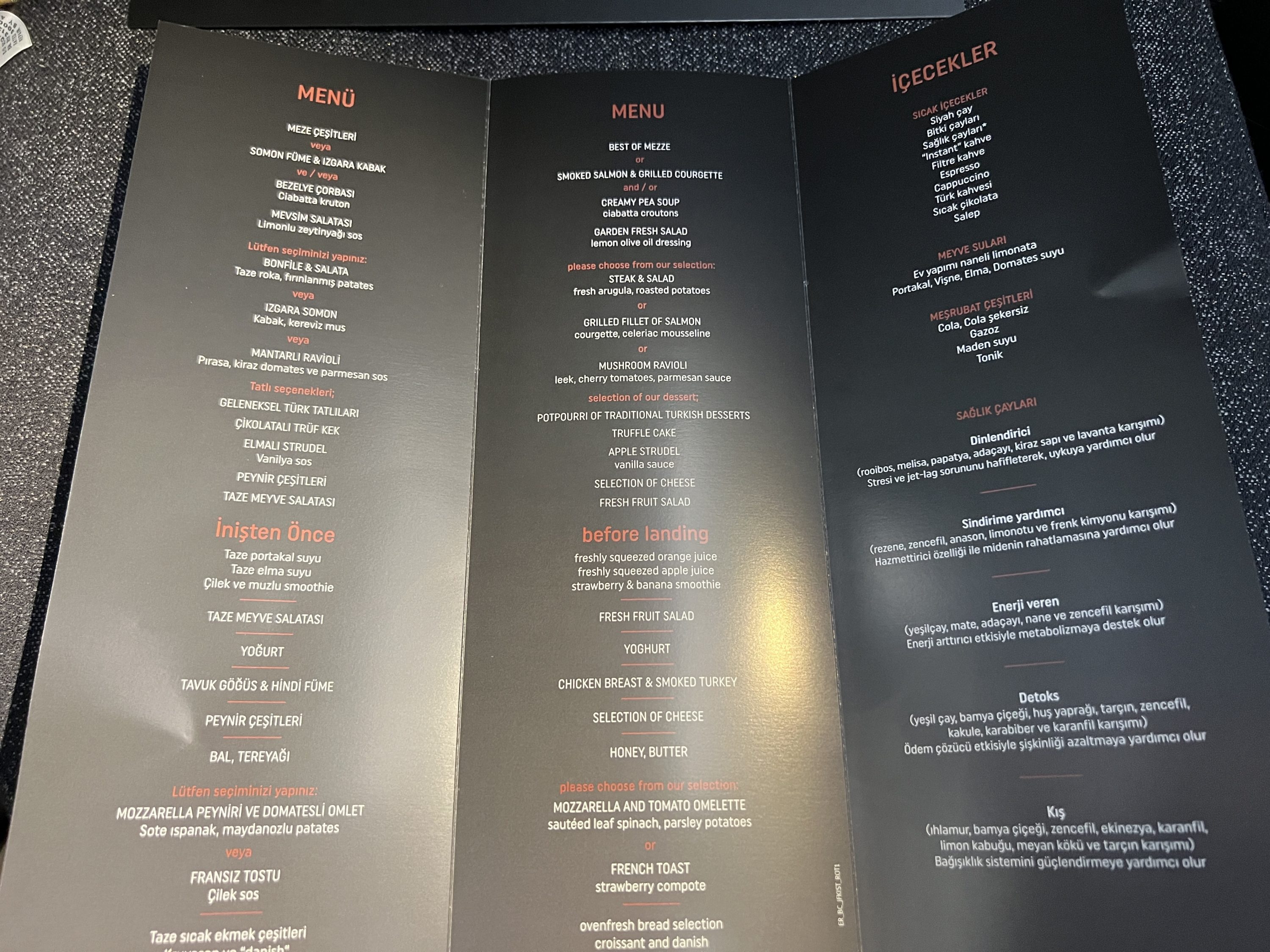 Turkish Airlines Business Class 787-9 Menu