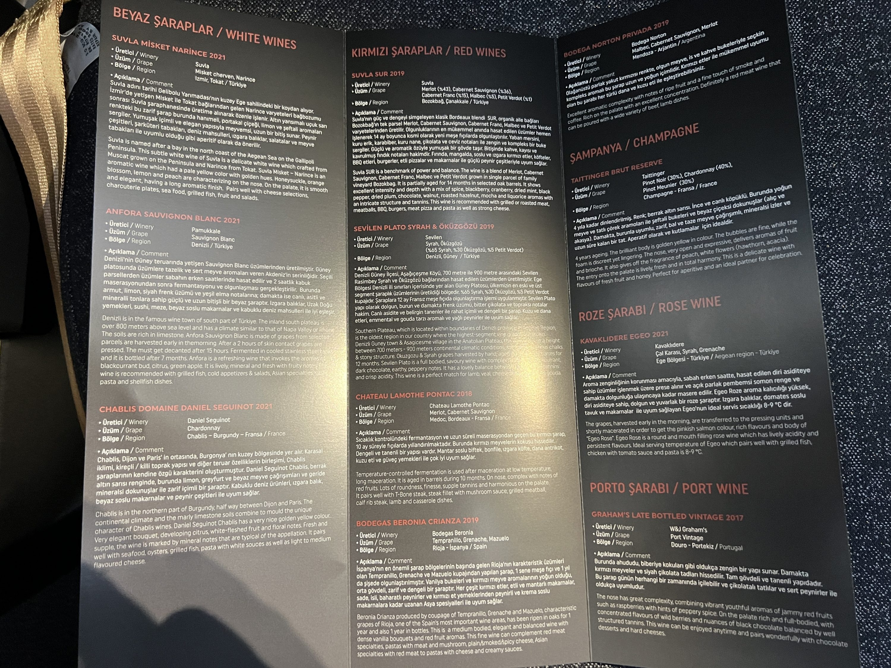 Turkish Airlines Business Class Wine list