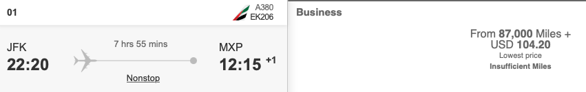 JFK MXP Emirates business class