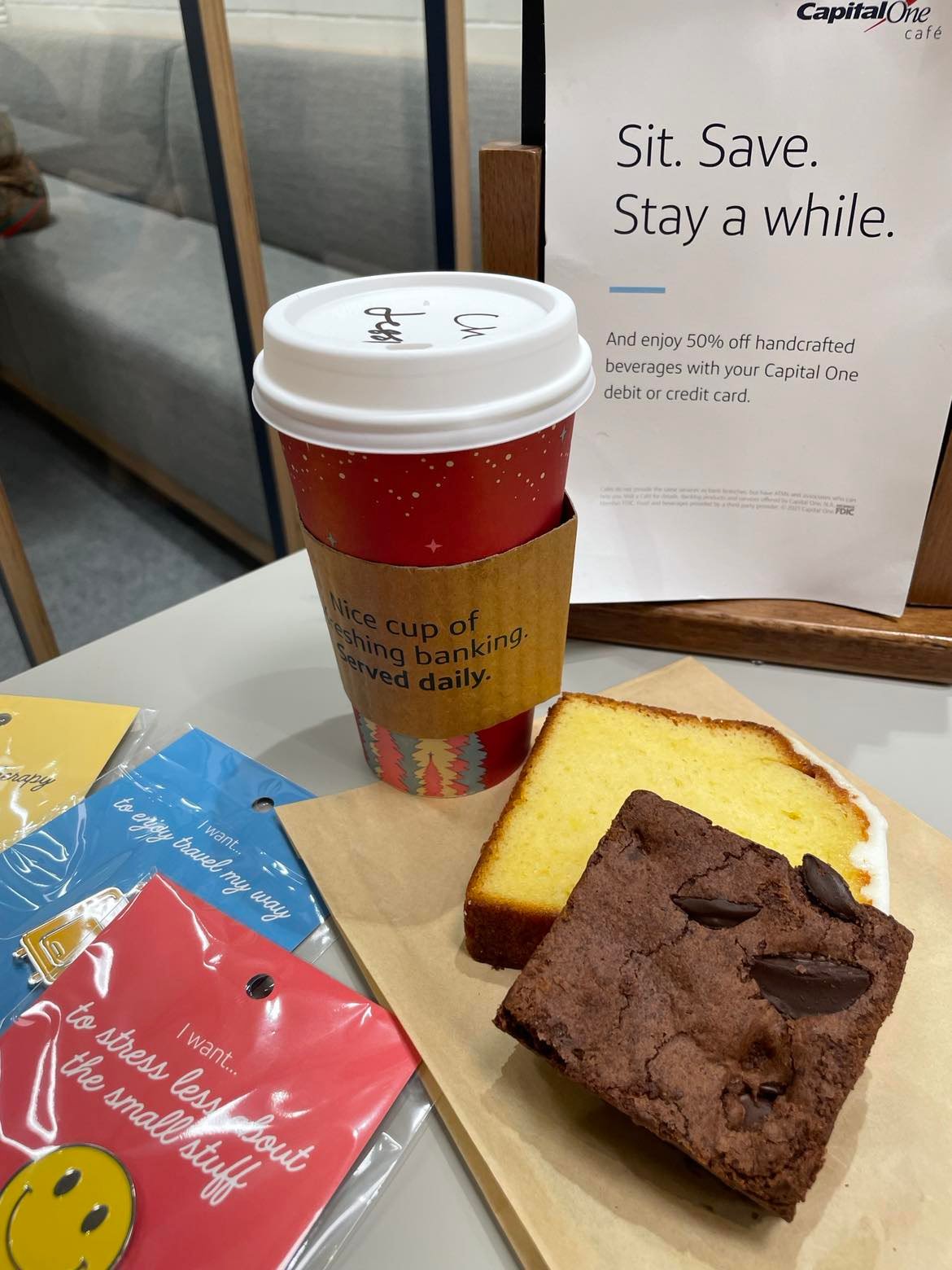 Latte snacks and pins at the Houston Galleria Capital One Café