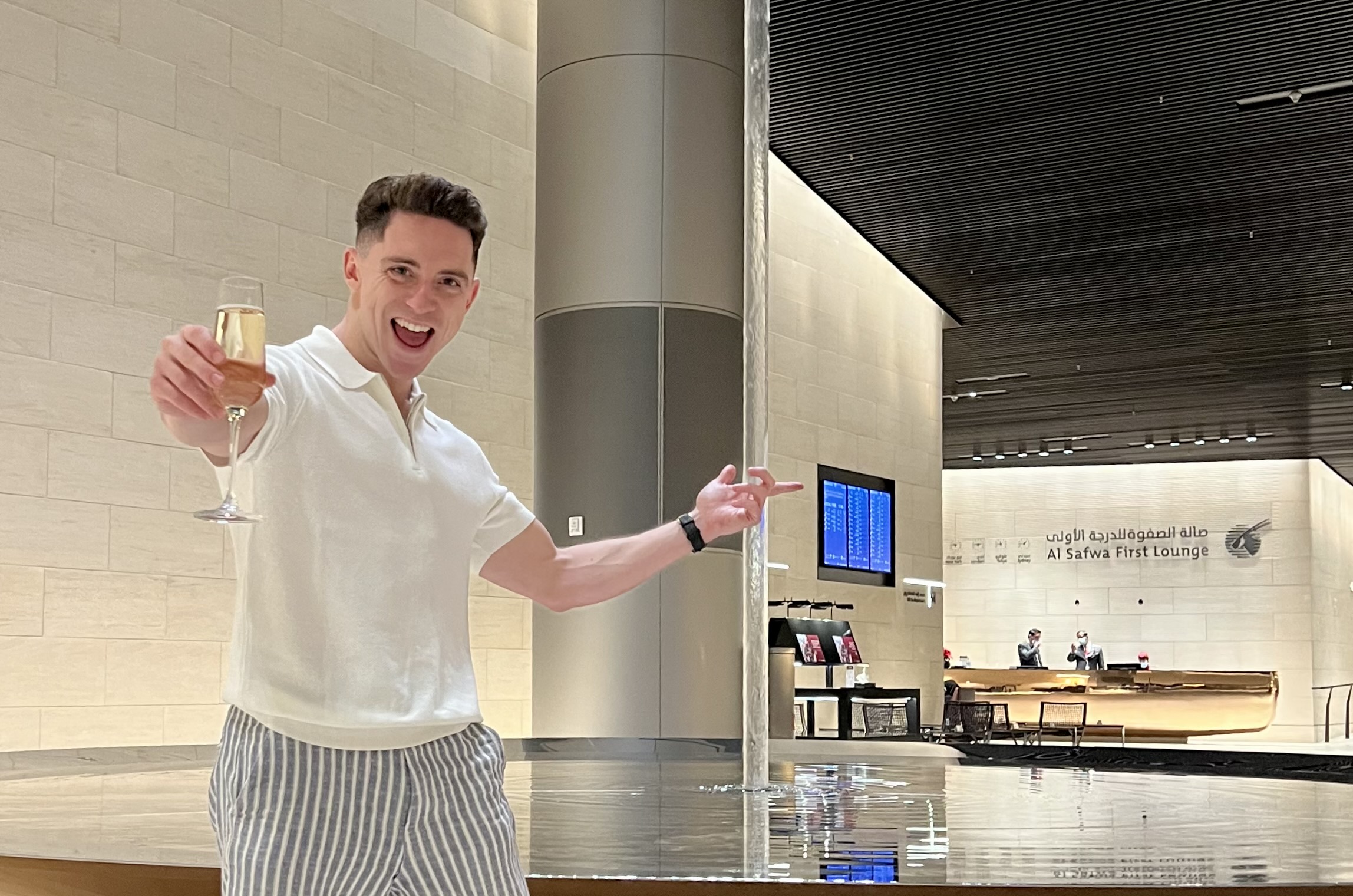Qatar Airways Airbus A380 first class Al Safwa Lounge cheers