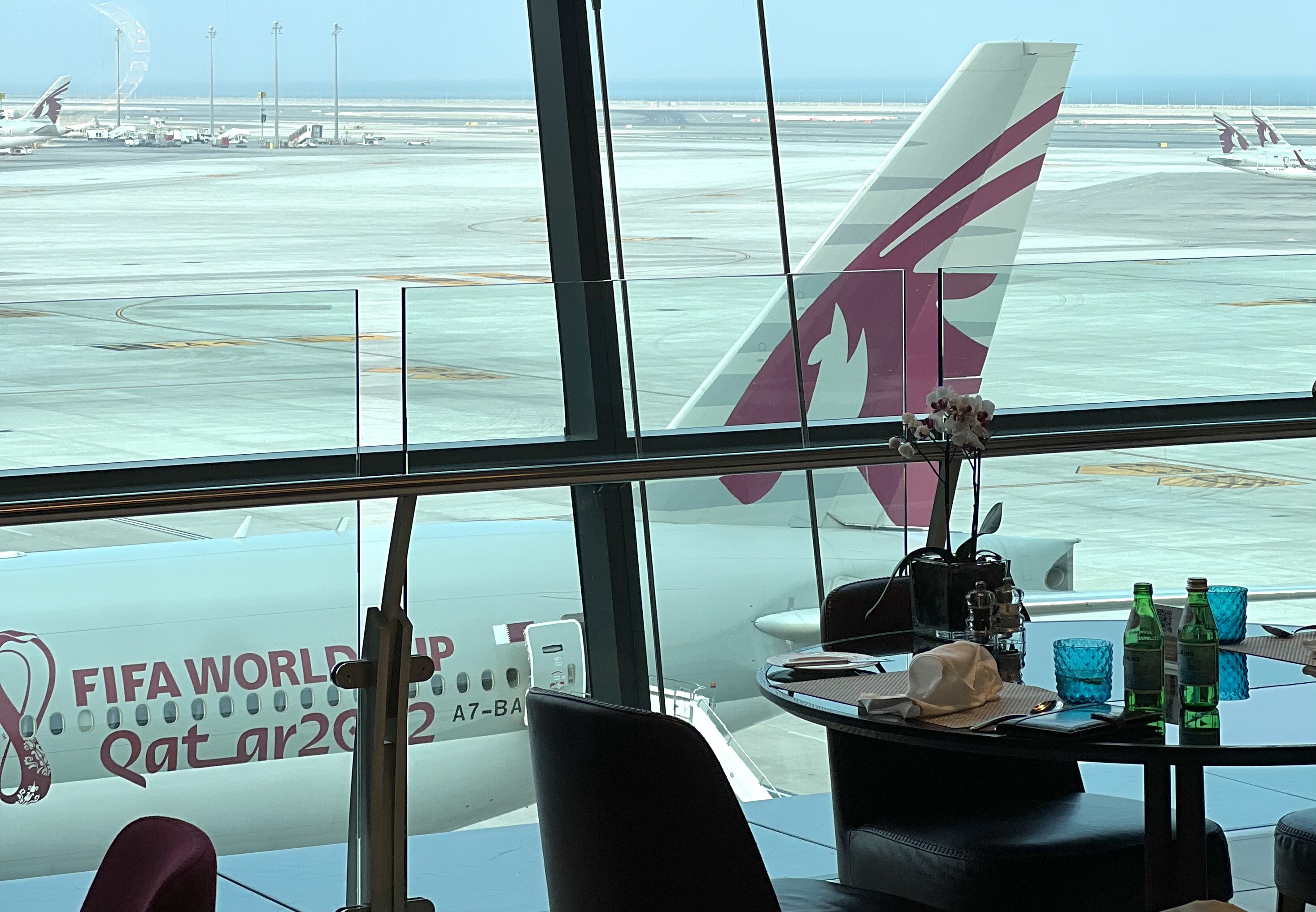Qatar Airways Airbus A380 first class Al Safwa Lounge restaurant view
