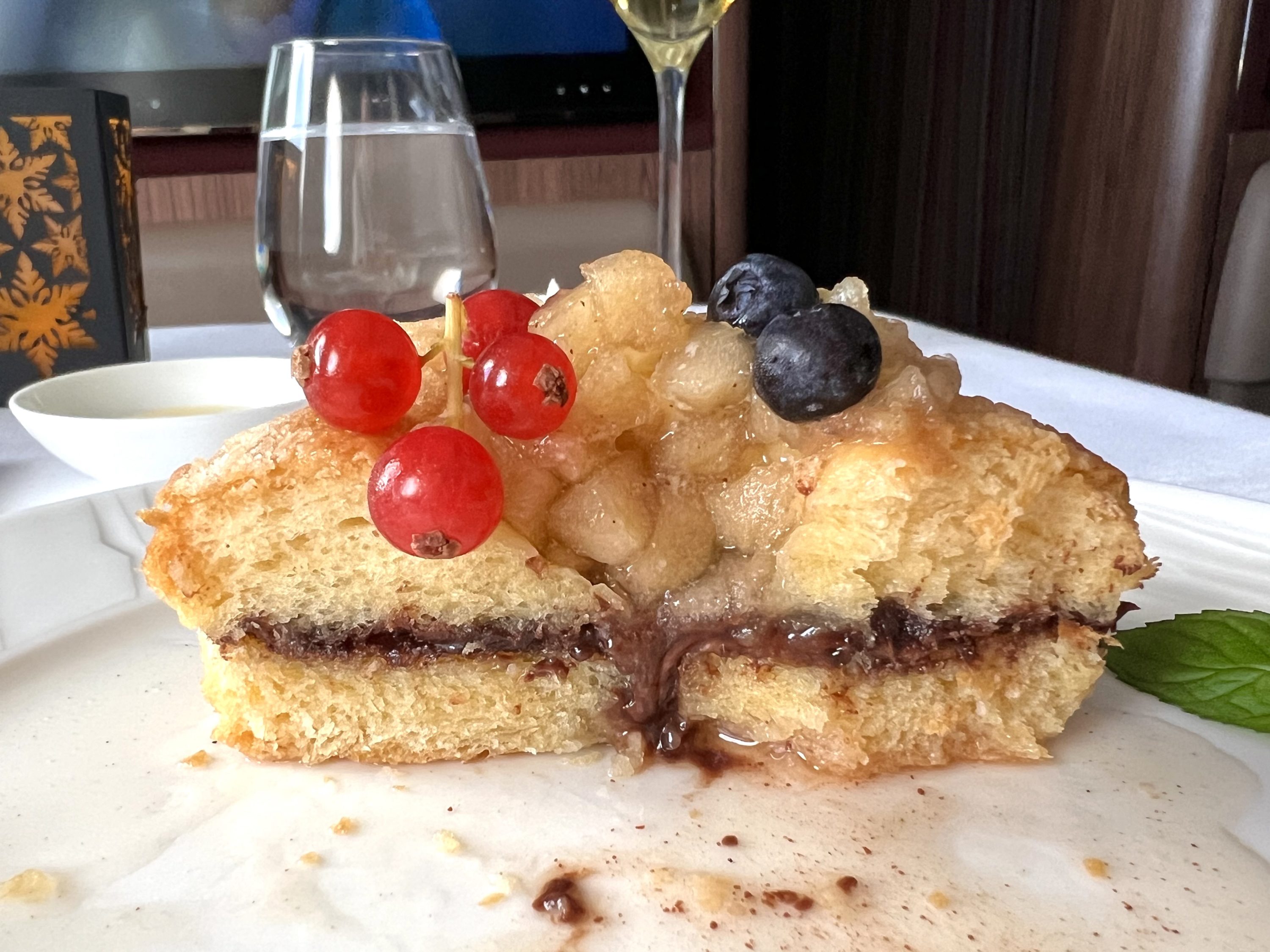 Qatar Airways Airbus A380 first class FB baked donut with Nutella