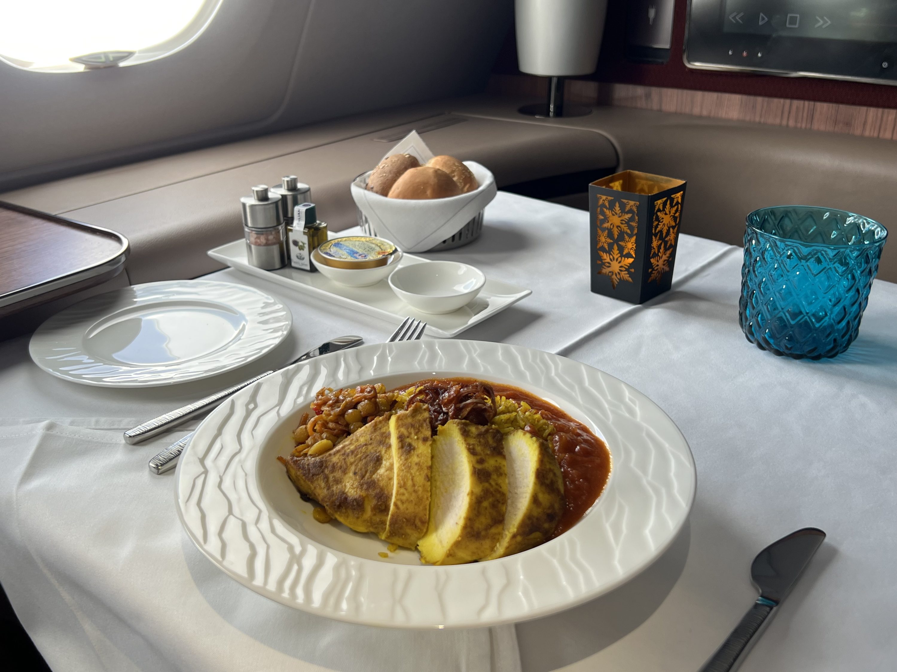 Qatar Airways Airbus A380 first class FB chicken machboos
