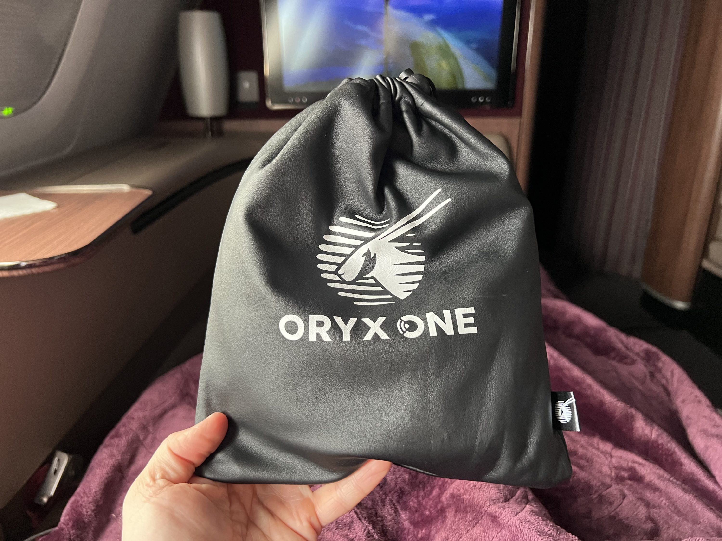 Qatar Airways Airbus A380 first class amenity headset bag