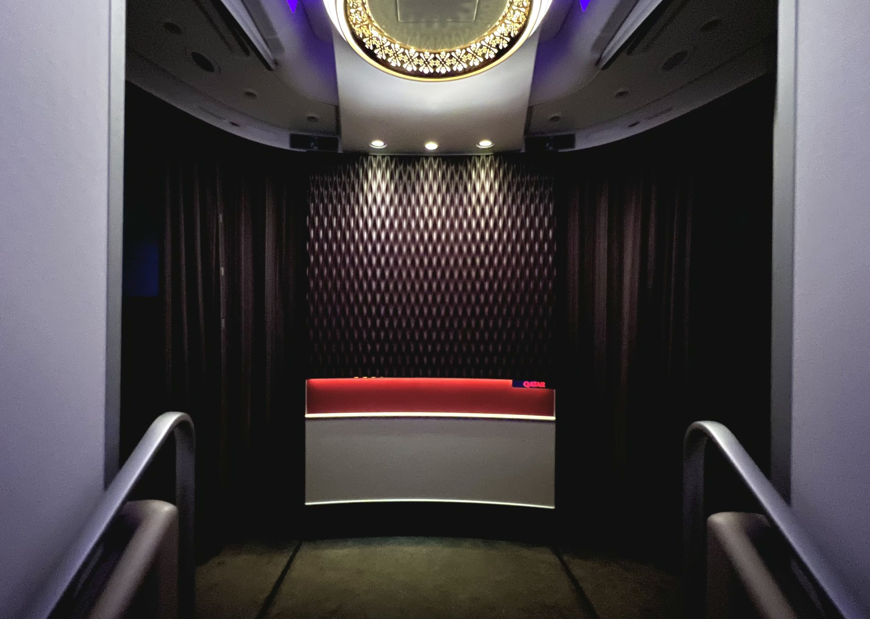 Qatar Airways Airbus A380 first class cabin from stairs