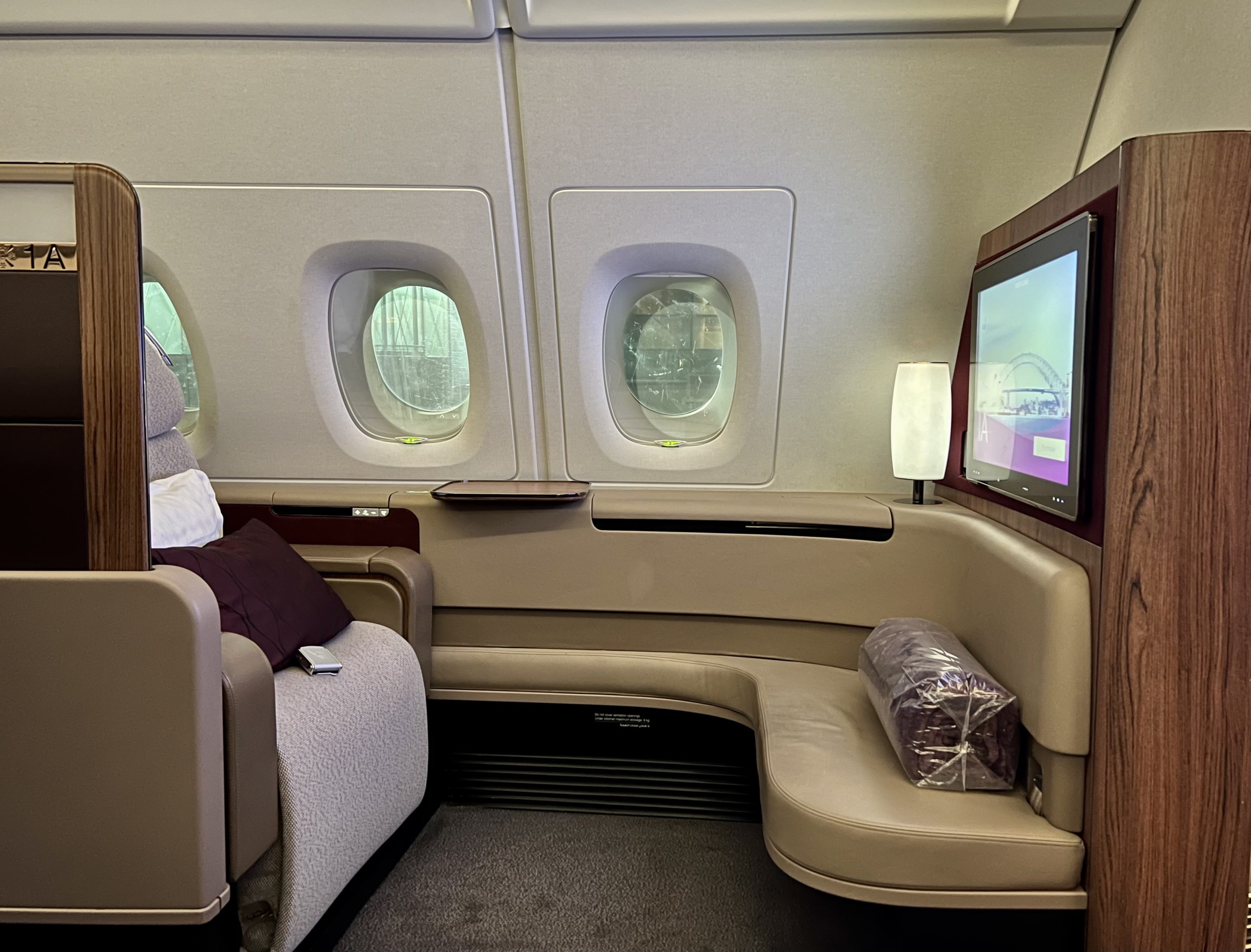Qatar Airways Airbus A380 first class seat 1A from the side