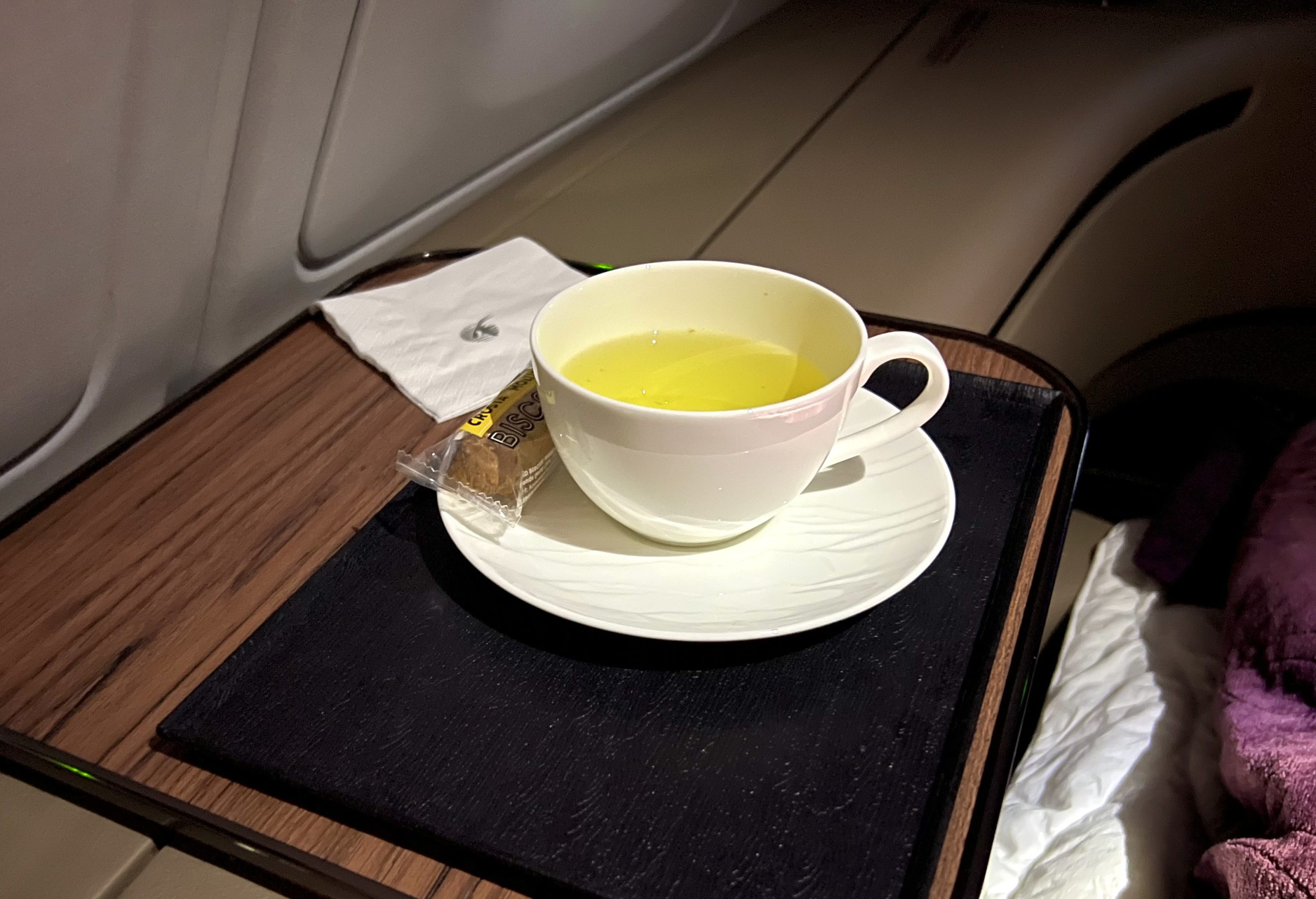 Qatar Airways Airbus A380 first class service chamomile tea