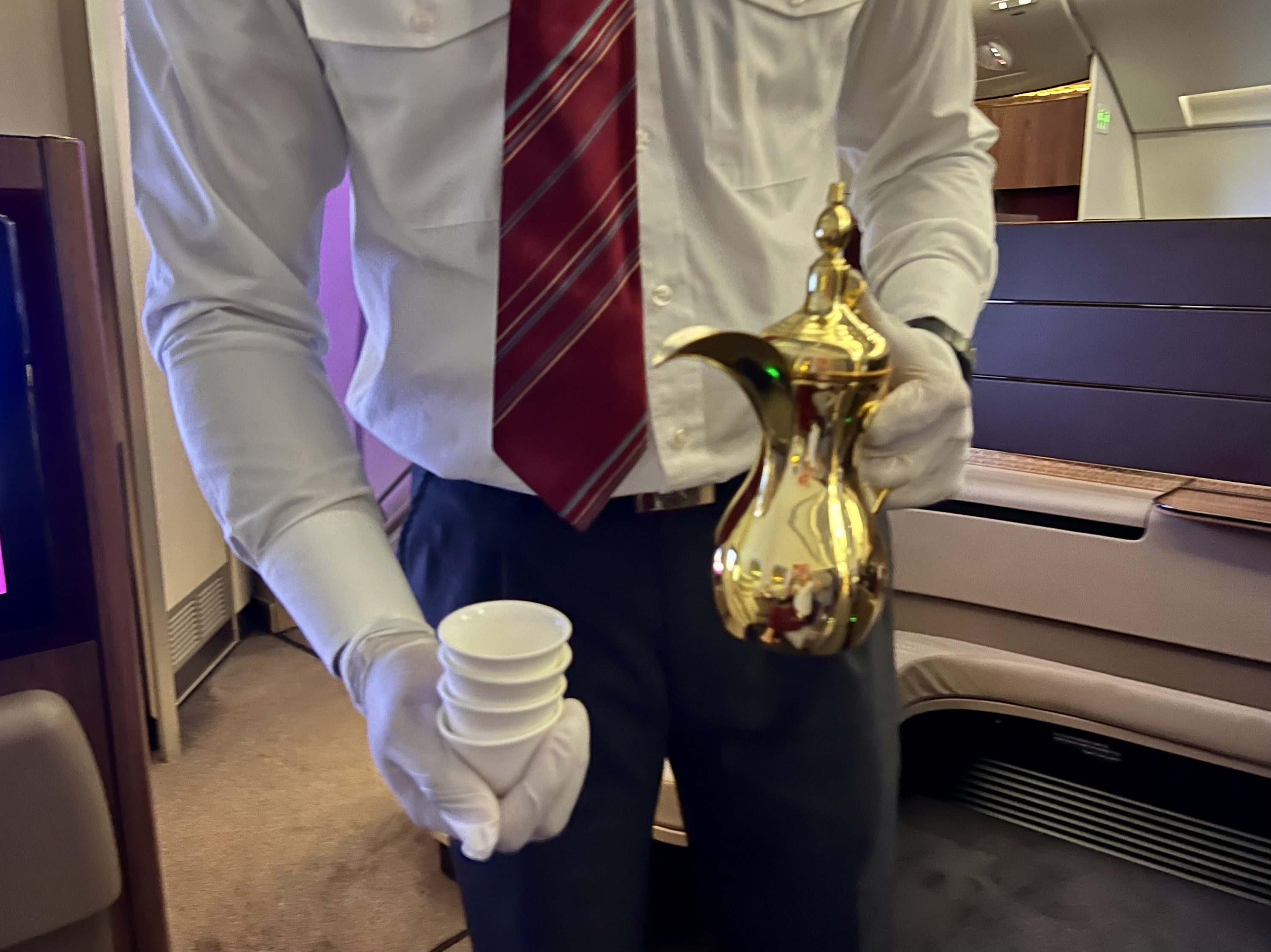 Qatar Airways Airbus A380 first class service pre departure coffee