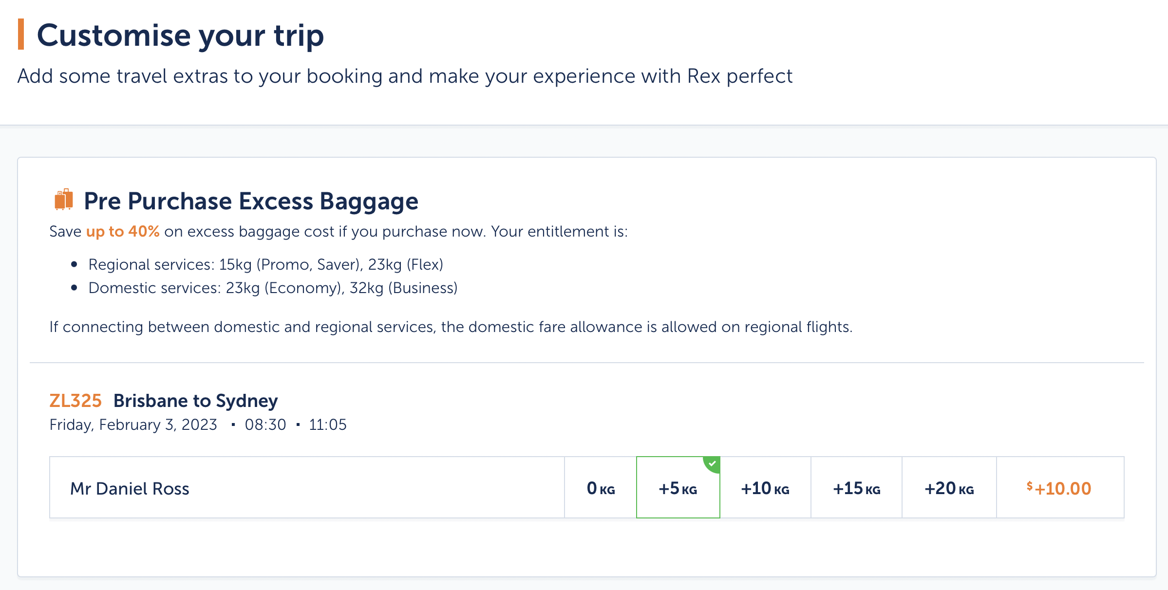 Rex excess baggage pre purchase