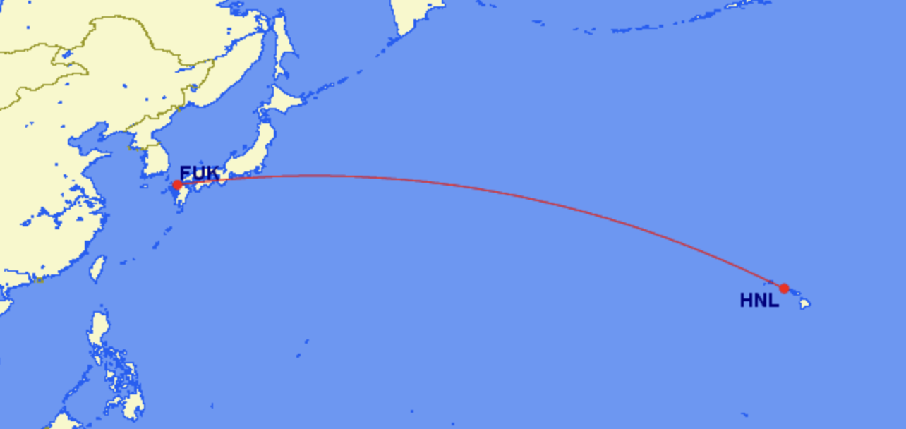 Route map of Hawaiian Airlines service from Honolulu to Fukuoka