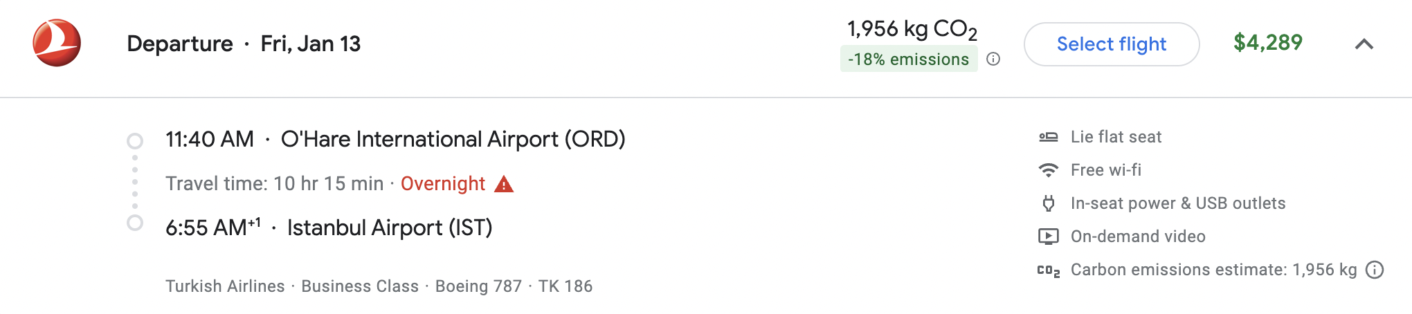Turkish Airlines Google Flights Fare Screenshot