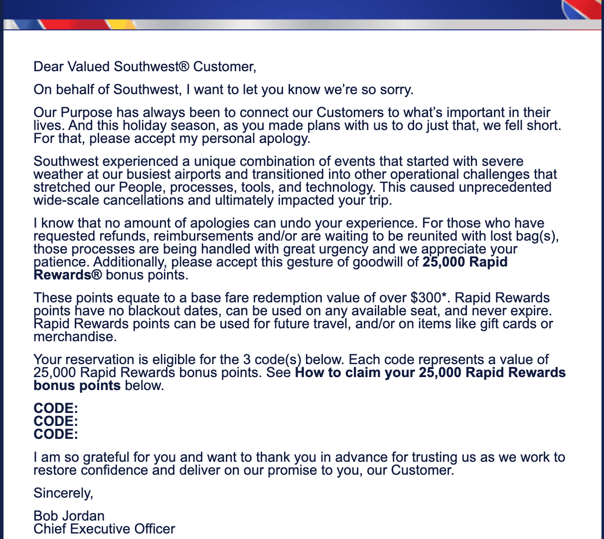 Southwest email with 25k points codes