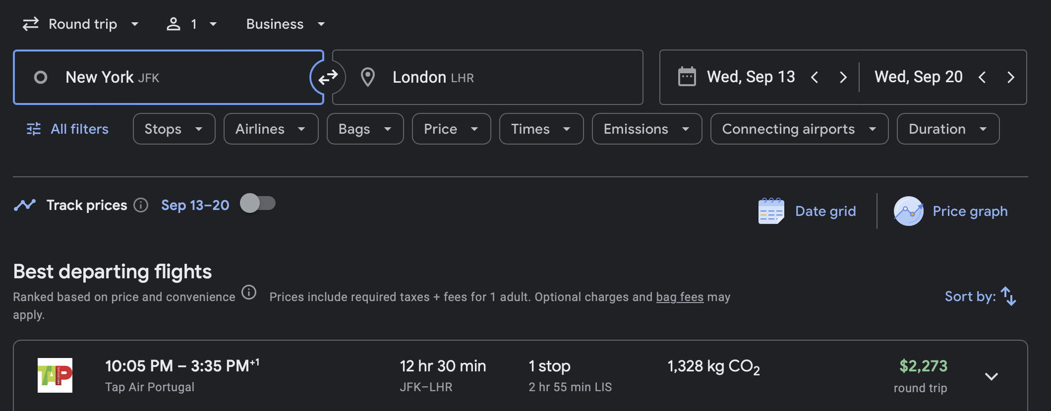 TAP Business Class Search Screenshot