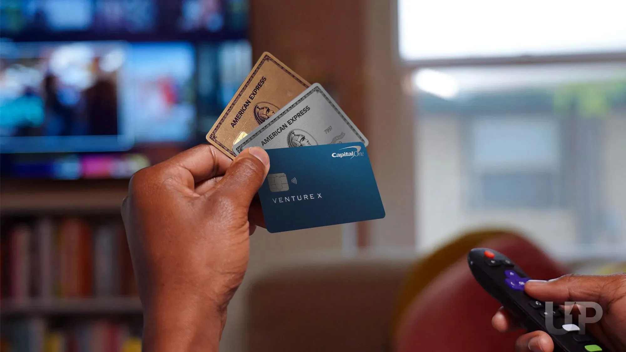 Venture X Amex Platinum Amex Gold infront of TV Upgraded Points LLC