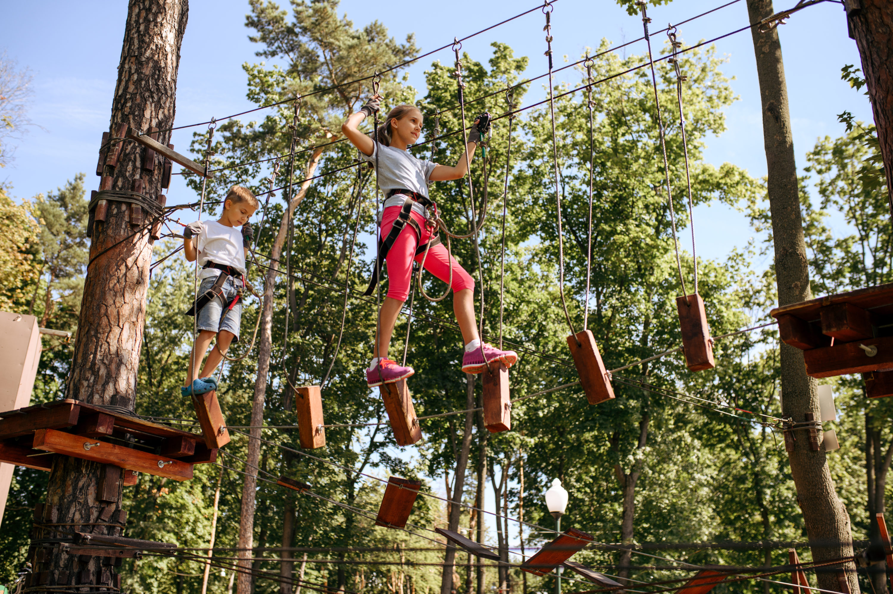 Two kids do a ropes course at a summer camp. Two kids do a ropes course at a summer camp.