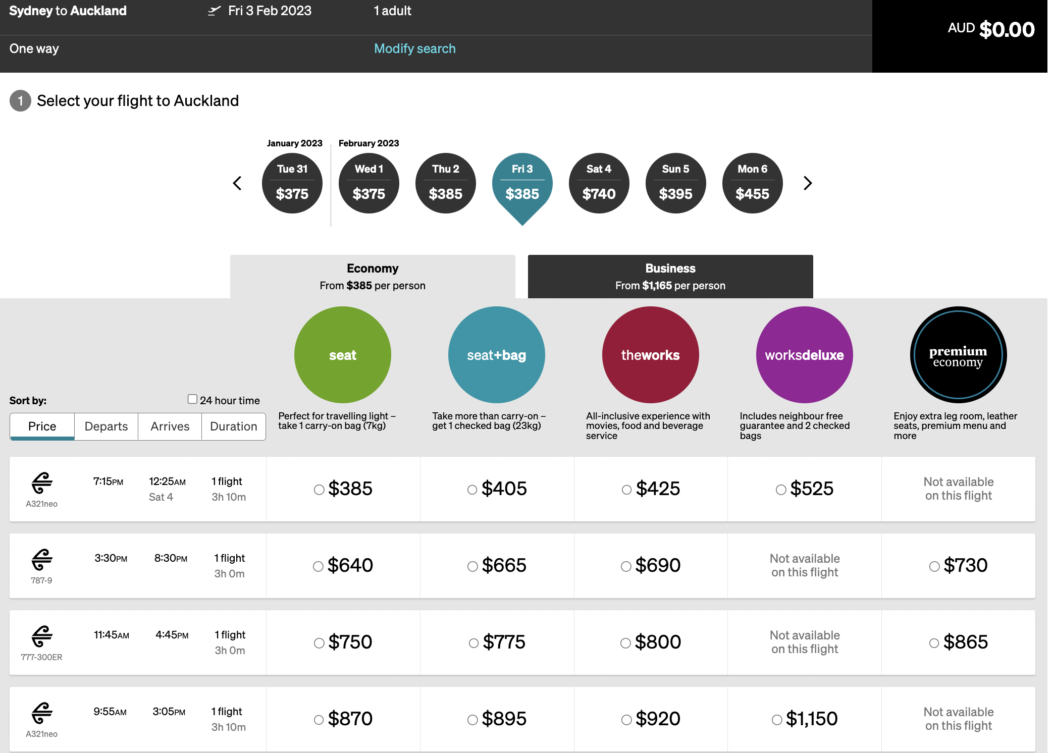 Air New Zealand flight prices